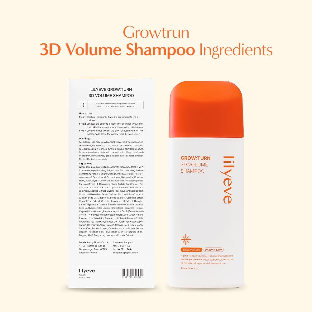 Seashell lilyeve GrowTurn 3D Volume Shampoo with Built-in Brush – For Thinning Hair & Fuller-Looking Volume, Hair loss, Gentle Scalp Care | 6.76 Fl Oz