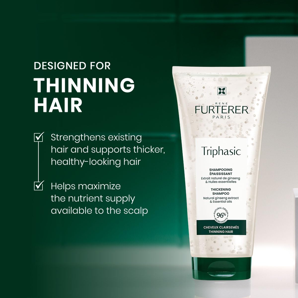 Black Rene Furterer TRIPHASIC Thickening Shampoo – For Thinning Hair – Improves hair density & strength – Scalp Nutrition – Rosemary Oil - For Men & Women - Color Safe
