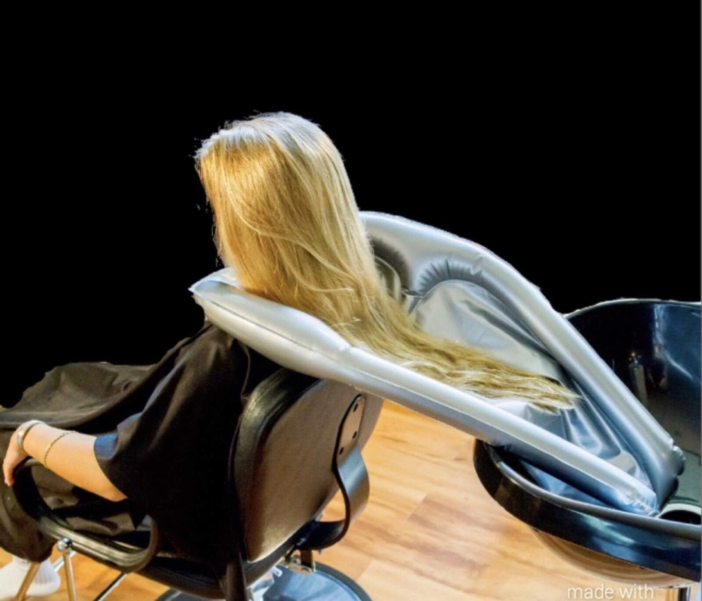 Black Inflatable Hair Washing Funnel for Shampooing Hair in Any Chair and Basin. Portable Tray Device to Use at Home, in Salon, Nursing Home or Hospital Cape to Help Keep Clothes Dry Pump Included!
