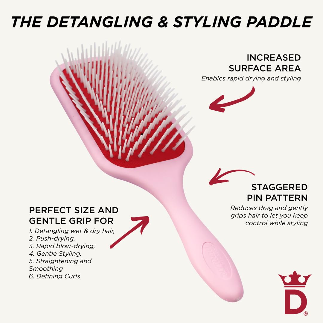Seashell Denman D38 Paddle Hairbrush Pink crush -Air cushioned pad for Detangling, Blow drying, Smoothing, Styling brush - Hair brush For All Hair types - Women and Men
