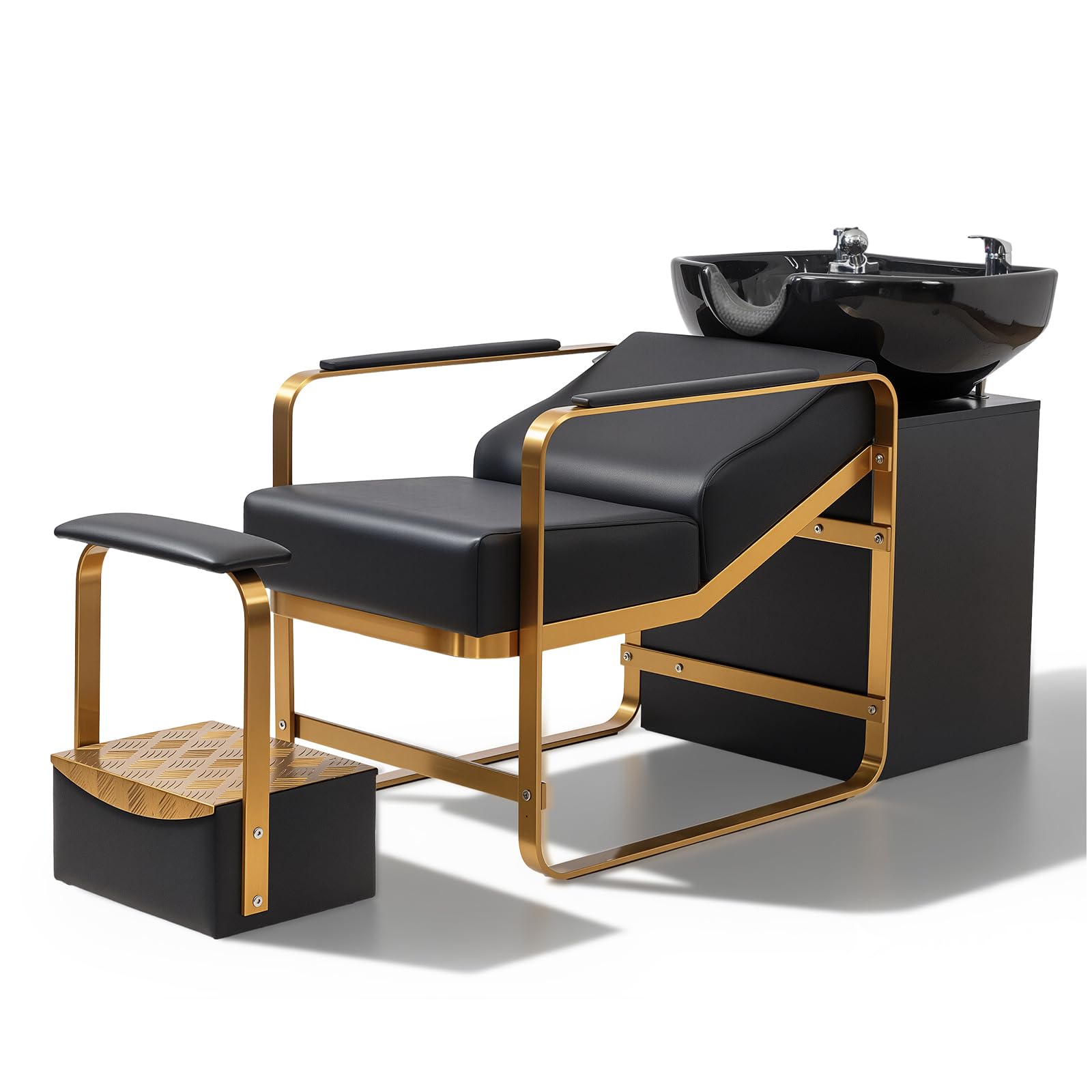 White Smoke OmySalon Shampoo Chairs for Salon, Stainless Steel Frame & UPC Certified Shampoo Bowl & Footrest, Hair Washing Station, Backwash Unit for Beauty Spa Barbershop, Black and Gold