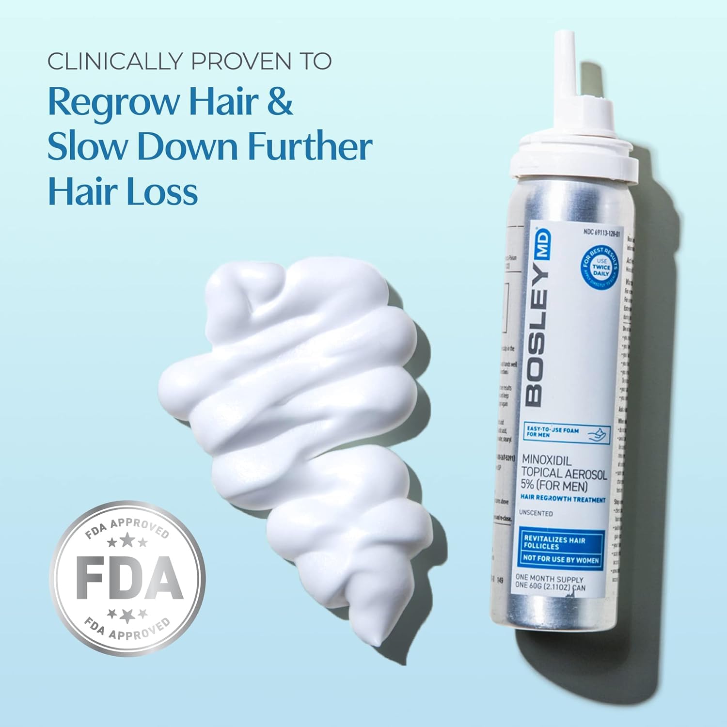 Light Cyan BosleyMD Minoxidil Foam, Extra Strength Thinning Treatment for Hair Loss and Hair Regrowth for Men, Women 5% Topical Solution, Foam/Mousse, 1-month supply, 2 oz.