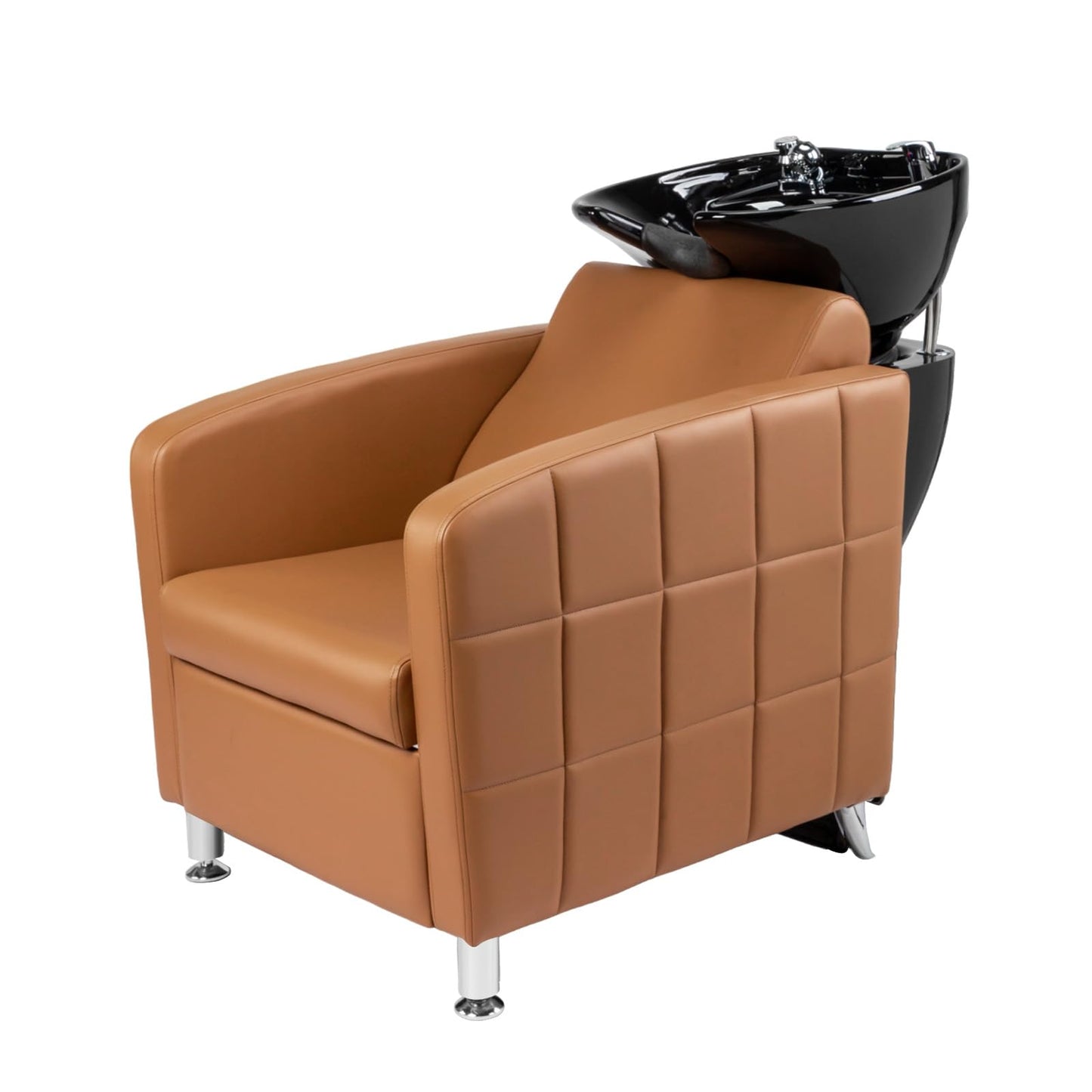 White Smoke OmySalon Salon Shampoo Bowl and Chair, Extra Wide Seat & Porcelain Hair Washing Sink, Shampoo Unit for Beauty Spa Barbershop, Camel
