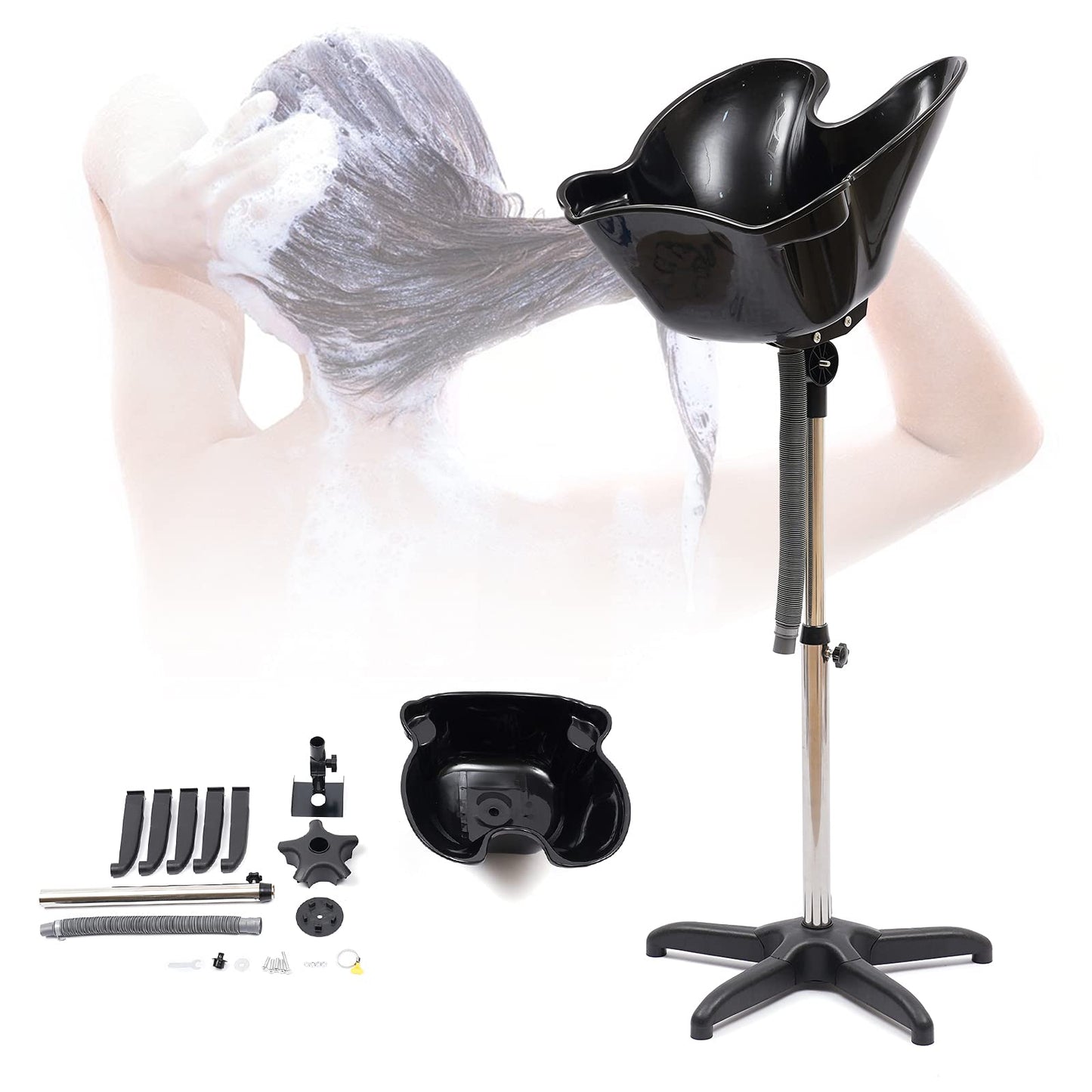 White Smoke Shampoo Bowl Portable Salon Sink with Adjustable Height and Drain, Hair Washing Basin Salon Chair Barber Deep Bowl with Drain Hose