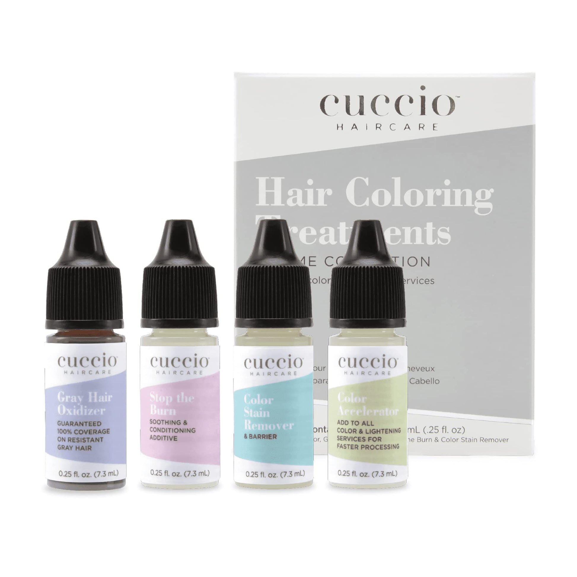 White Smoke Cuccio Haircare Try Me Collection Kit - Hair Coloring Essentials - Includes Stop The Burn And Gray Hair Oxidizer Treatments - Gluten And Paraben Free - Suitable For Travel - 0.25 Oz Each - 4 Pc