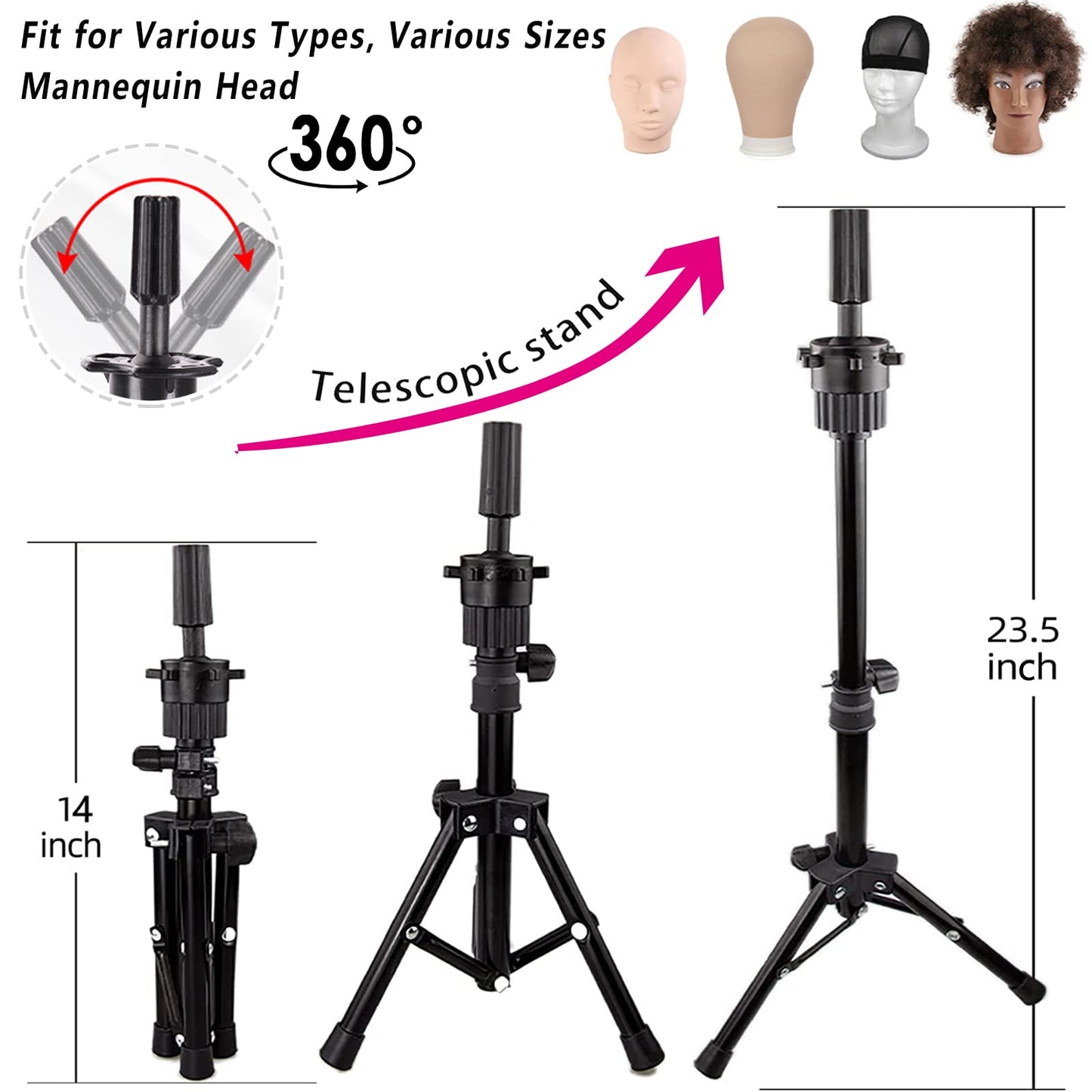 White Smoke LUNGCYX 23Inch Wig Stand Tripod,Canvas Wig Head Stand Mannequin Head Foldable Wig Stand Set for Making Display with Table Clamp,Wig Cap & T Pins