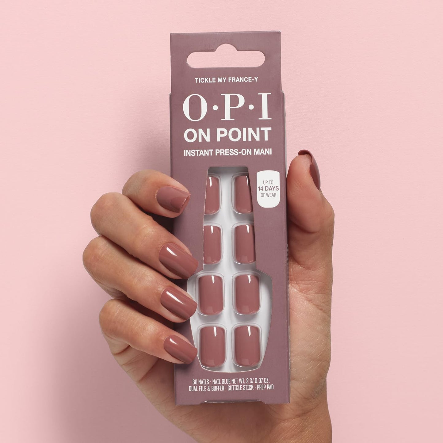 Pink OPI On Point Tickle My France-y | Short Squoval Soft Neutral Beige Press On Nails | 30 Count with Nail Glue | Long Lasting, Reusable, Non-damaging