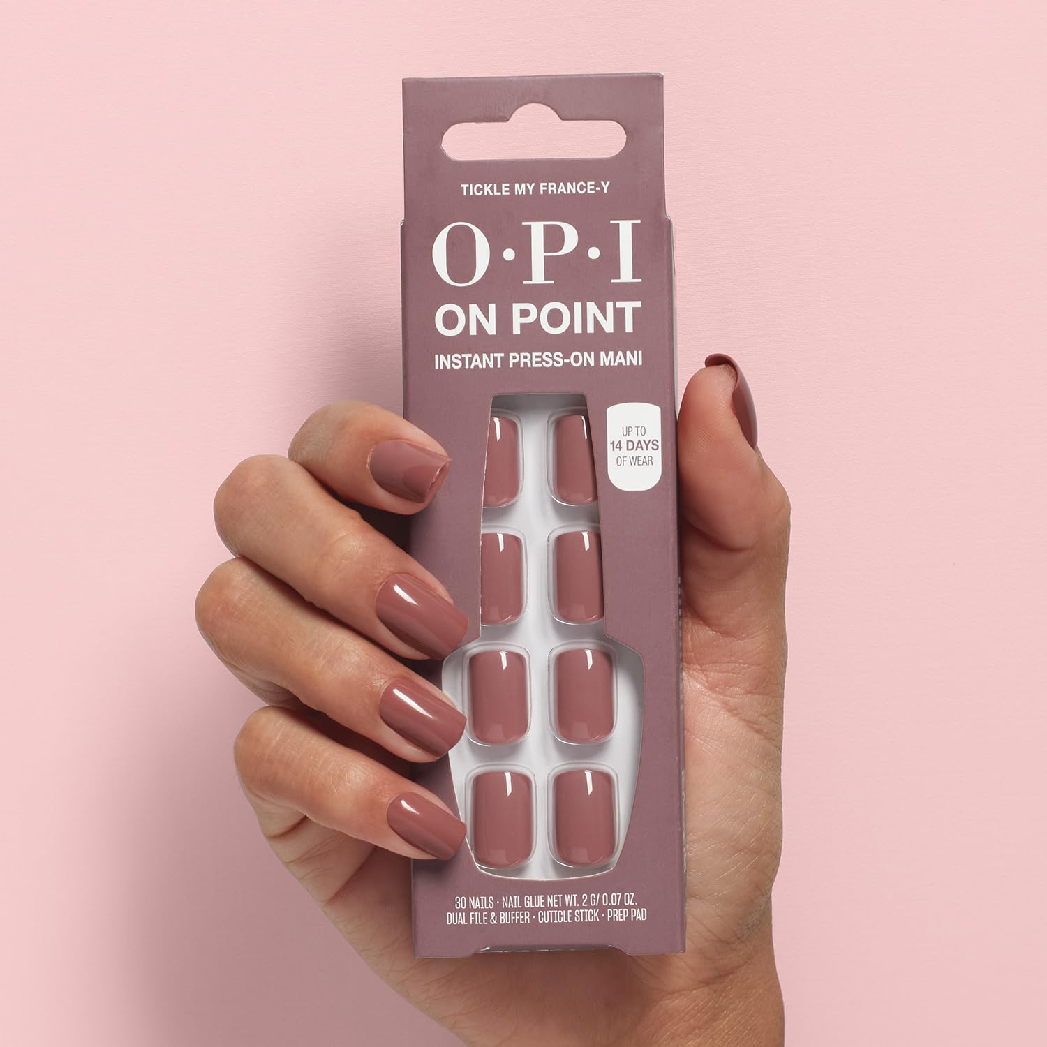 Pink OPI On Point Tickle My France-y | Short Squoval Soft Neutral Beige Press On Nails | 30 Count with Nail Glue | Long Lasting, Reusable, Non-damaging