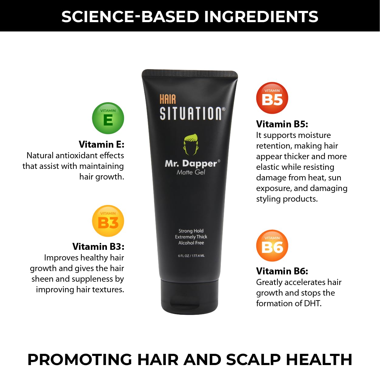 White Smoke Hair Situation Mr. Dapper Matte Look Strong Hold Styling Hair Gel for Men, Anti-Humidity Shield, Anti-Frizz and Fly Away, Alcohol-Free, No Flake Formula Made with Vitamins to Strengthen Hair, 6 Fl Oz