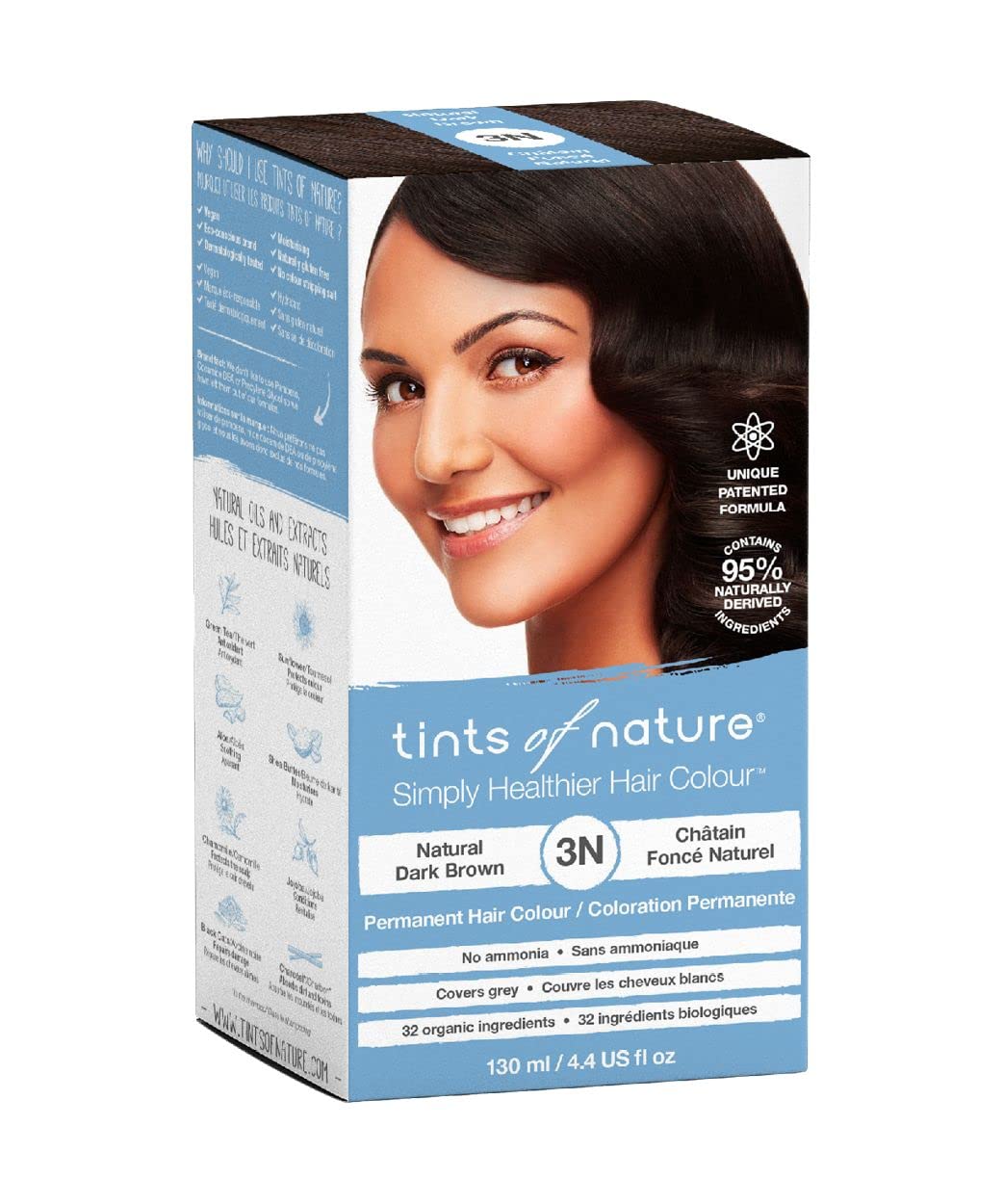 White Smoke Tints of Nature 3N Natural Dark Brown Permanent Hair Dye, Nourishes Hair and Covers Greys, Ammonia-Free, 4.4 fl oz