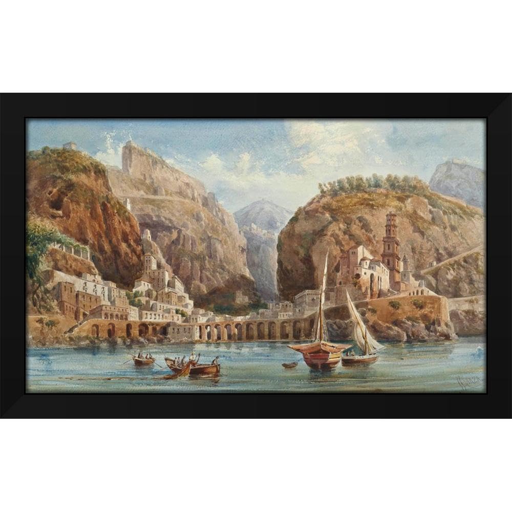 Black Giovanni Giordano Lanza 24x16 Black Modern Framed Art Print Titled: Fishing at Atrani on the Amalfi Coast