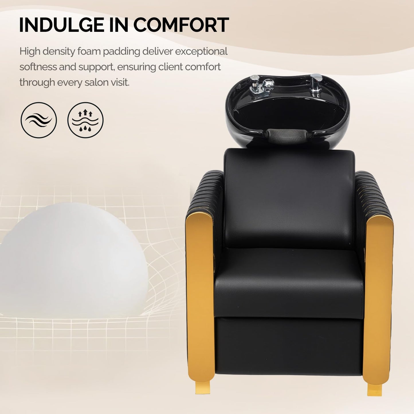 Light Gray OmySalon Shampoo Bowls for Salon, Black and Gold Shampoo Chair with Tilting Porcelain Sink, Hair Washing Station Backwash Barber Chair, Shampoo Unit for Beauty Spa Barbershop