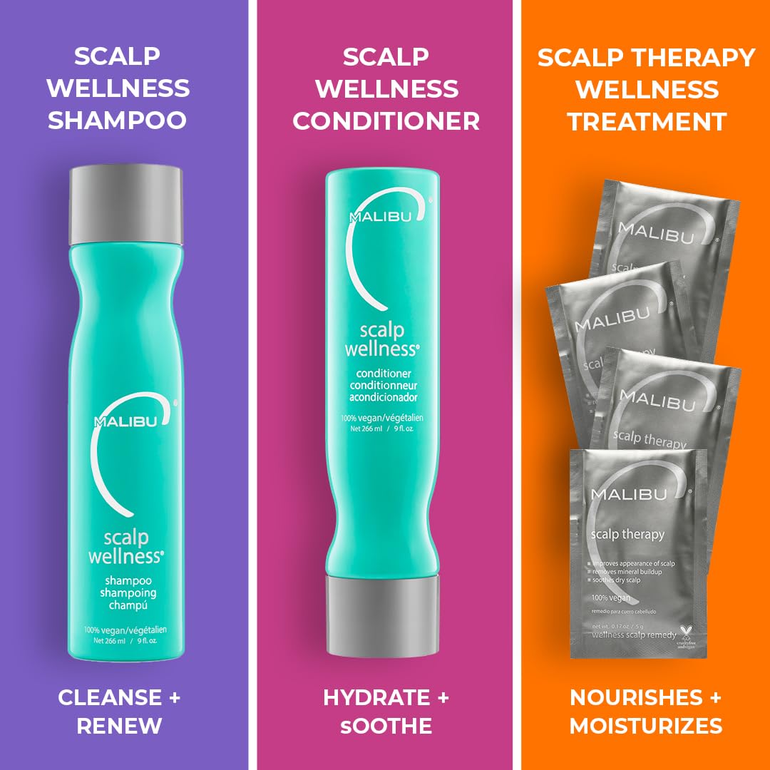 Dark Orange Malibu C Scalp Wellness Collection - Soothing Shampoo and Conditioner Hair Care Set for Dry Scalp - Formulated with Vitamin C Antioxidant Complex - Travel Size Scalp Remedy Packets Included (33.8 oz)