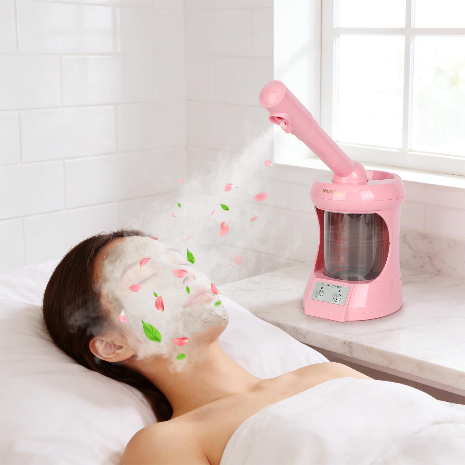 Lavender Facial Steamer Nano Ionic Face Steamer with Extendable Arm, Portable Face Steamer for Facial Deep Cleaning, Steamer for Facial for Personal Care at Home or Salon（Pink）