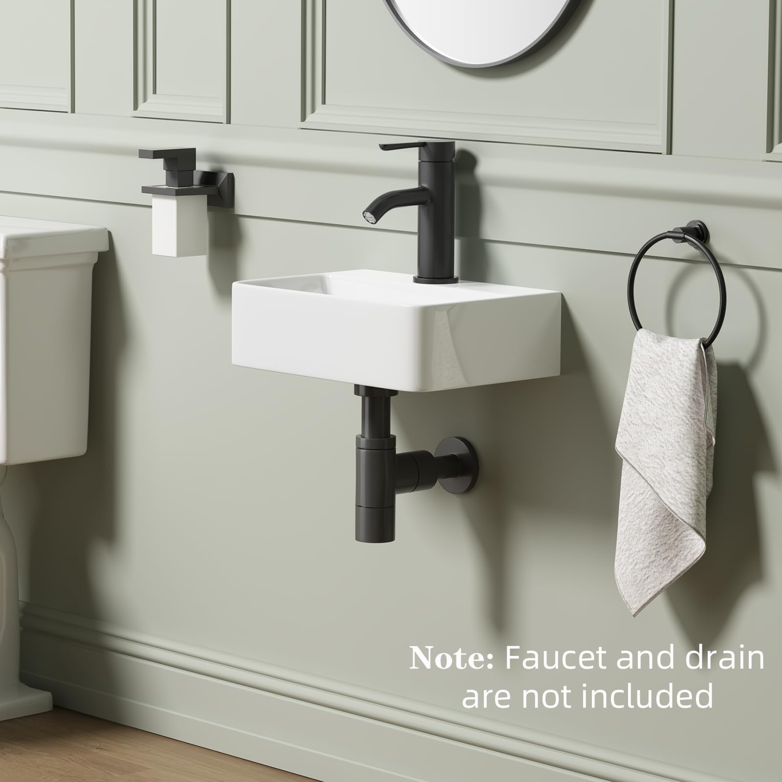 Dark Gray Wall Hung Bathroom Vessel Sink, QISHKA 14.5" X 10" Rectangular Floating Ceramic Wash Hand Basin White Wall Mount Vanity Sink for Small Bathroom and Small Cloakroom