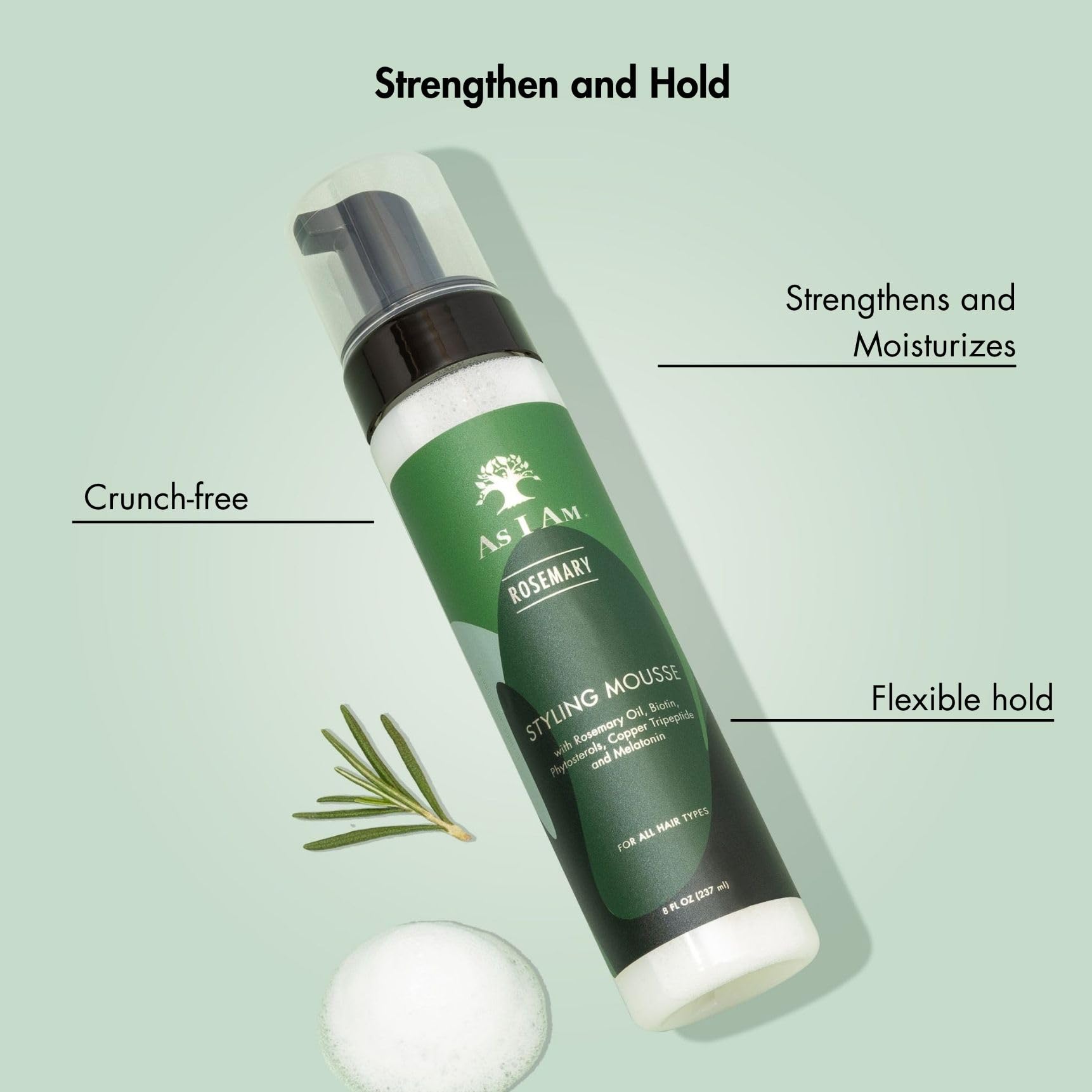Light Gray As I Am Rosemary Styling Mousse 8 Fl Oz (237 ml) - with Biotin & Saw Palmetto