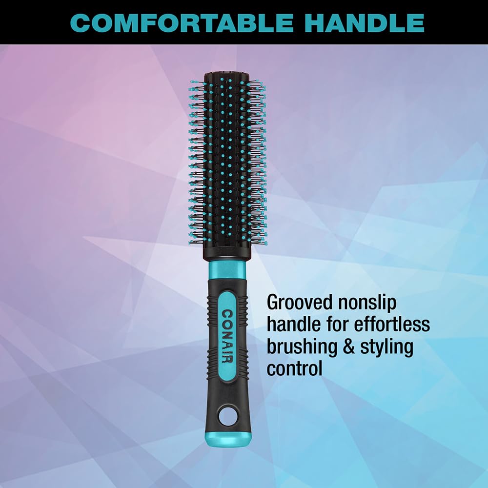 Light Steel Blue Conair Grip & Style Round Brush, Nylon Bristle Hair Brush for Blowout Styling, Ideal for Coarse, Curly, Wavy Hair, Color May Vary