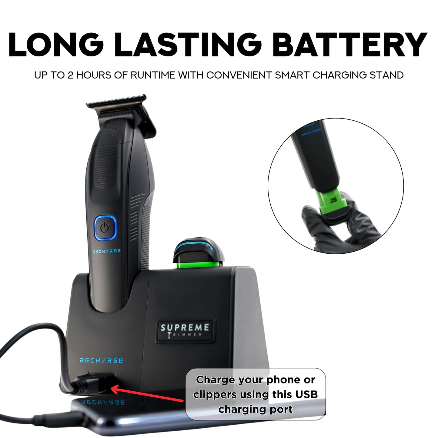 White Smoke Supreme Trimmer Recharge ST777 – Professional Barber Trimmer with 2 Removable Batteries | 8000 RPM Motor, Zero Gap DLC Blades, Smart Charging Dock, USB-C Fast Charge