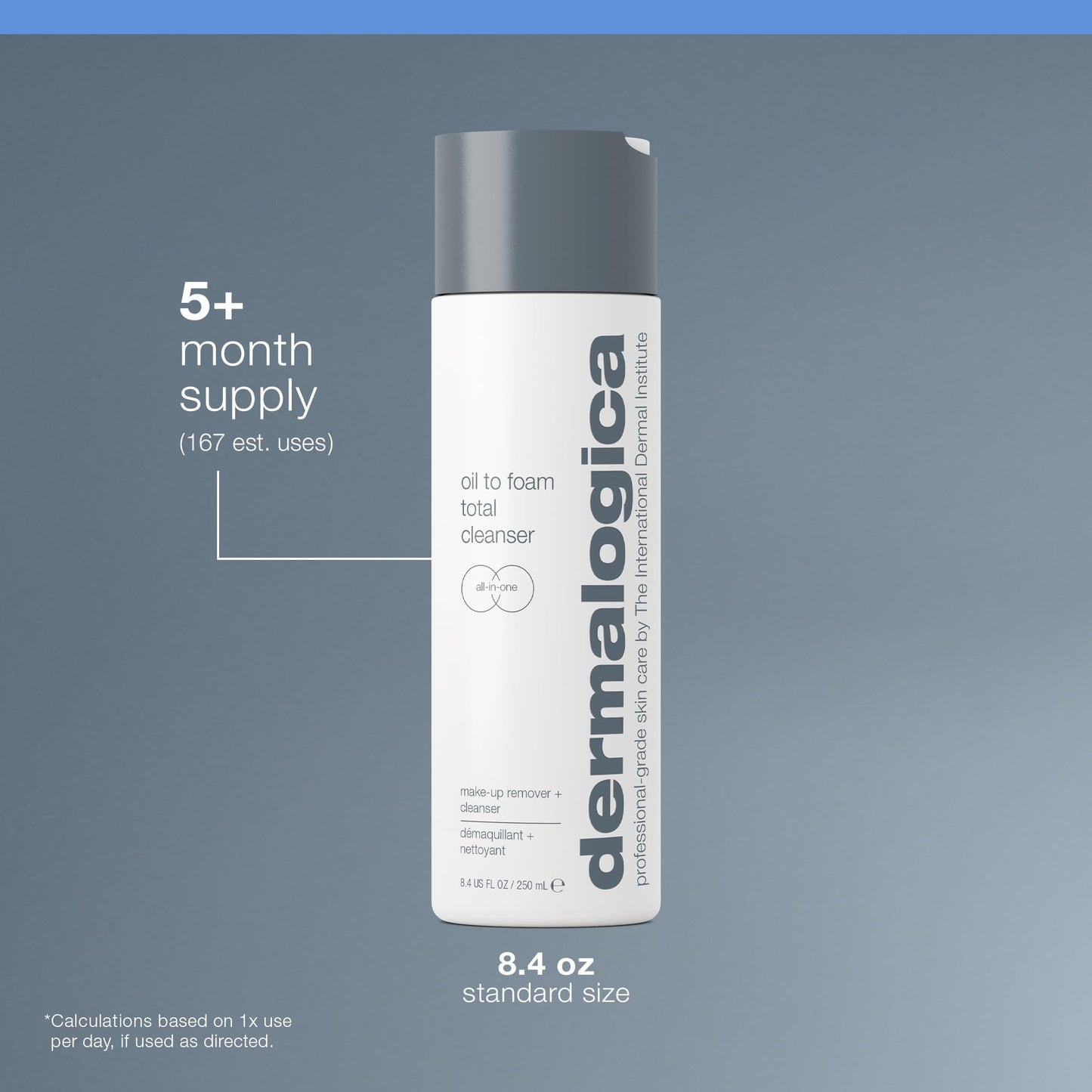 Slate Gray Dermalogica Oil To Foam Total Cleanser for face - Removes make-up, sunscreen, and debris while cleansing skin in one step for ultra-clean, healthy-looking skin, 8.4 fl oz