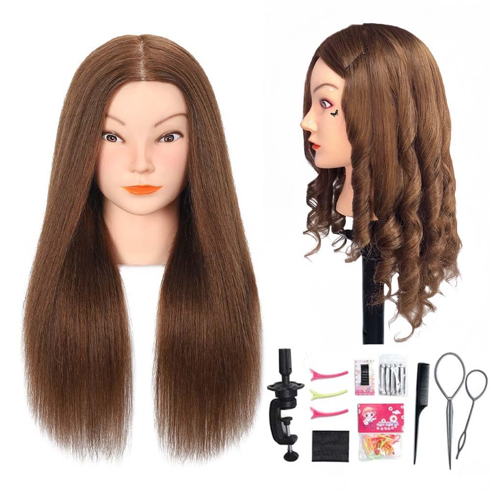 White Smoke Opini Mannequin Head with 100% Real Human Hair Cosmetology Mannequin Head to Practice Hairstyles Doll Head Training Head for Hairdresser (Brown)