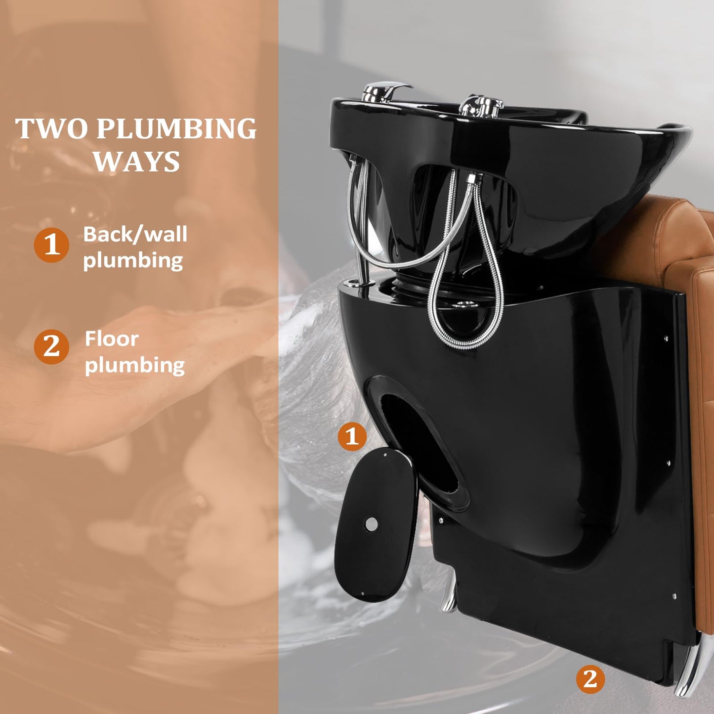 Dark Slate Gray OmySalon Salon Shampoo Bowl and Chair, Extra Wide Seat & Porcelain Hair Washing Sink, Shampoo Unit for Beauty Spa Barbershop, Camel