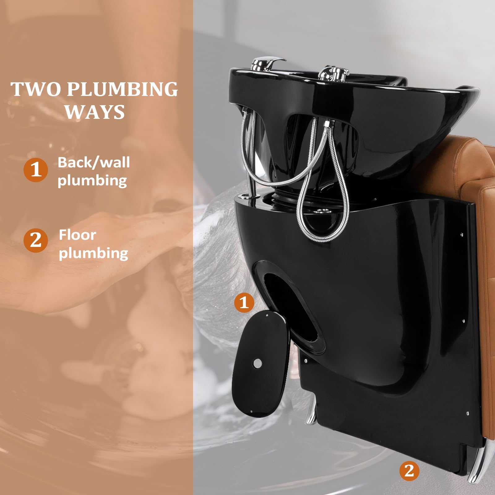 Dark Slate Gray OmySalon Salon Shampoo Bowl and Chair, Extra Wide Seat & Porcelain Hair Washing Sink, Shampoo Unit for Beauty Spa Barbershop, Camel
