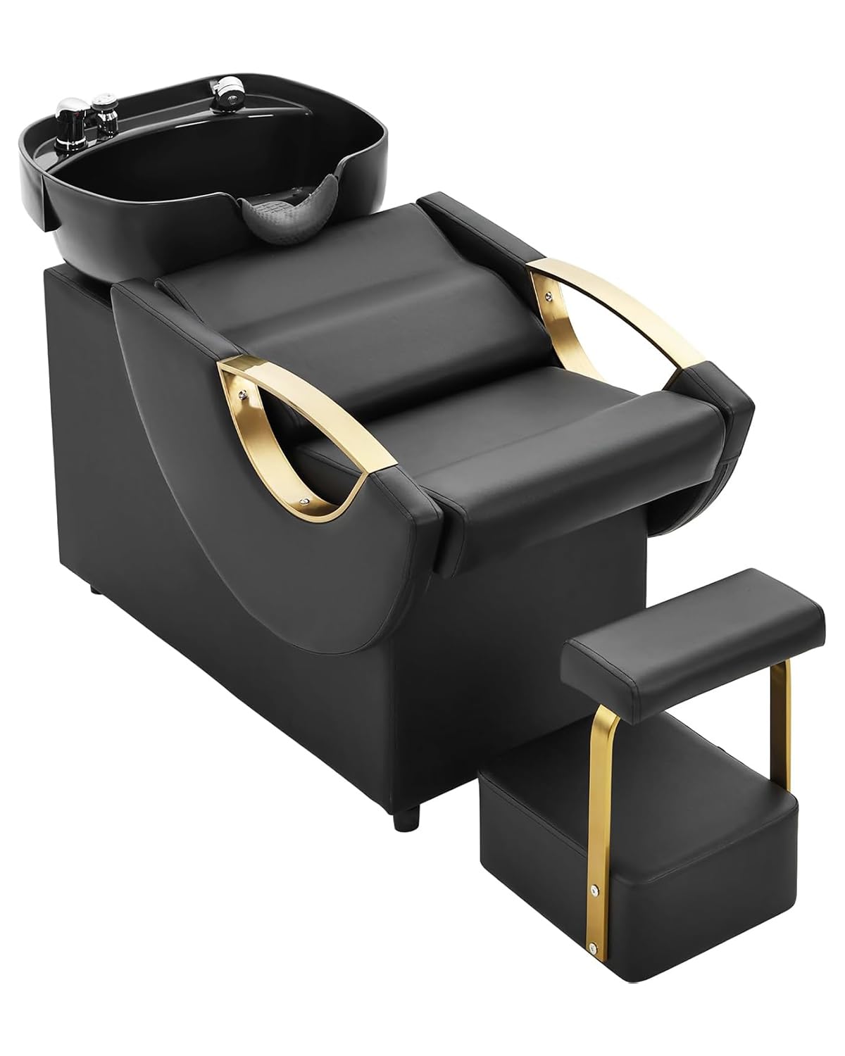 White Smoke IJIALIFE Salon Shampoo Bowl and Chair Set with Footstool – Modern Black & Gold Barber Backwash Chair, Heavy Duty 450lbs Hair Washing Chair with Deep ABS Basin & Neck Rest for Spa Beauty Stylist