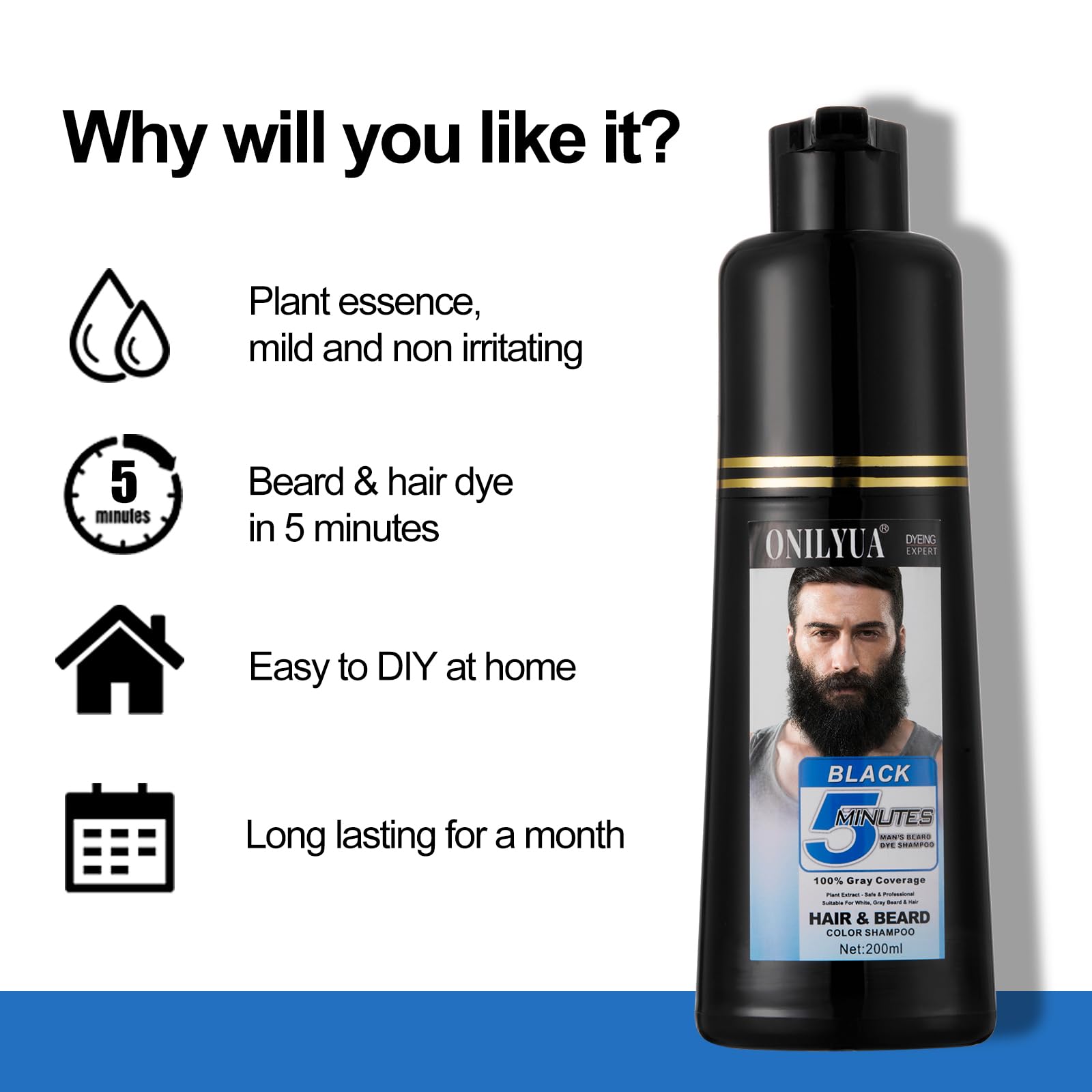 White Smoke Men's Black Beard Dye, Black Hair Dye for Gray Hair Coverage, 3 in 1 Hair Dye Shampoo, Mustache & Beard Dye for Men, Quick & Easy to Use at Home, Long Lasting Beard Color for Men 200ML