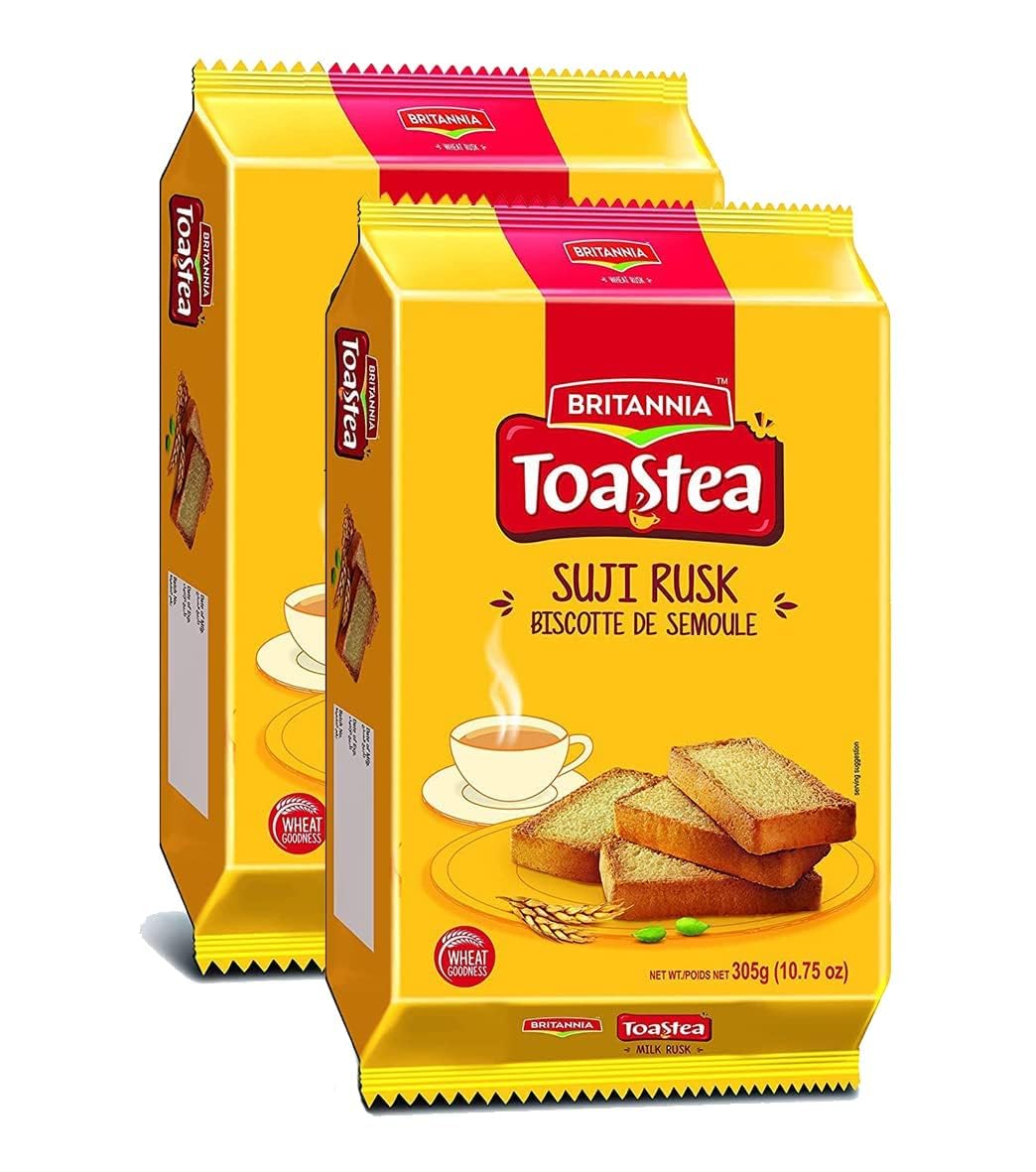 White Smoke BRITANNIA Toastea Suji Rusk 10.75oz (305g) - Biscotte De Semoule - Crispy Tea Time Snack - Crispy Crunchy Toast (Pack of 2)