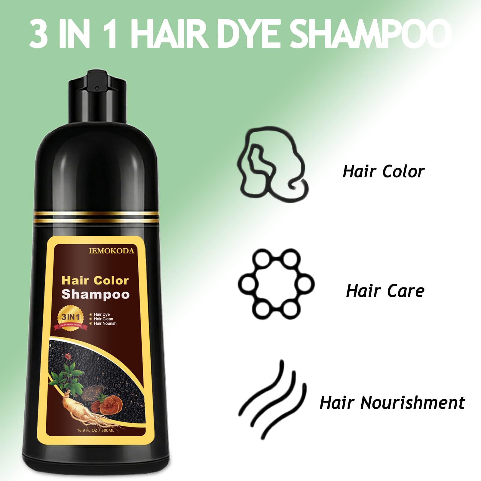 White Smoke Agthyuve 3-in-1 Black Hair Dye Shampoo for Women & Men, 16.9 Fl Oz Instant Hair Color Shampoo 100% Gray Coverage, Semi-Permanent Herbal Hair Dye, Gentle DIY Home Salon (Black)