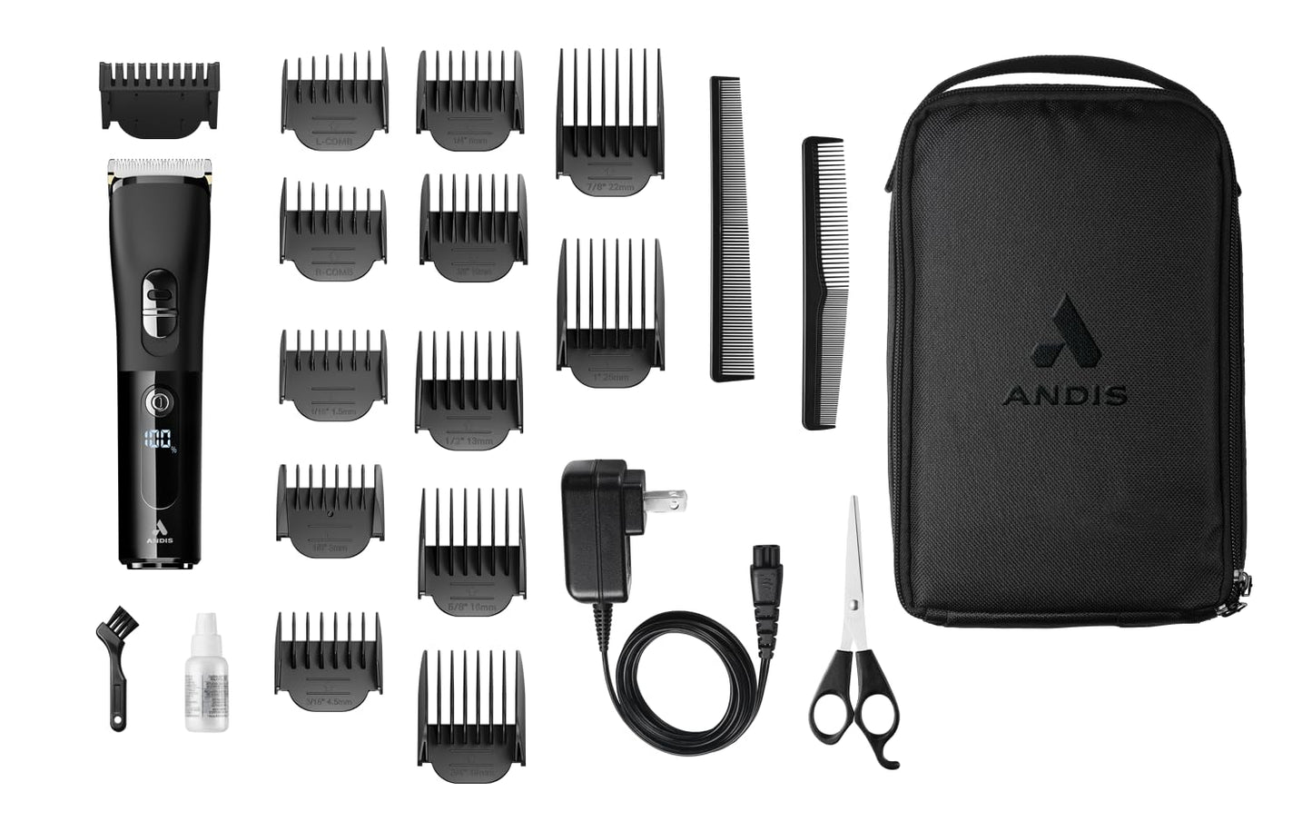 White Smoke Andis 560547 Envision Cordless High-Speed Hair Clipper, 21-Piece Kit, Adjustable Blade, 1.5” LED Digital Display Screen, Black