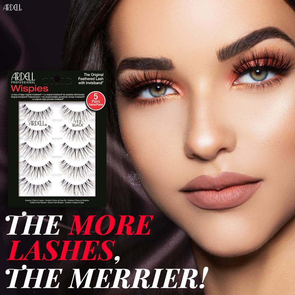 Black Ardell Wispies False Eyelashes 113 - Black, Natural Look Wispy Lashes, Soft & Lightweight Strip, 5 Pairs, 1 Pack