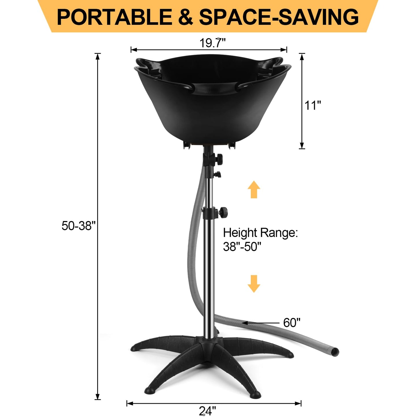 White Smoke Portable Shampoo Bowl, 270 Degree Rotation of Hair Washing Basin, Height Adjustable Salon Sink with Drain Hoses for Home Salon Use (Black)