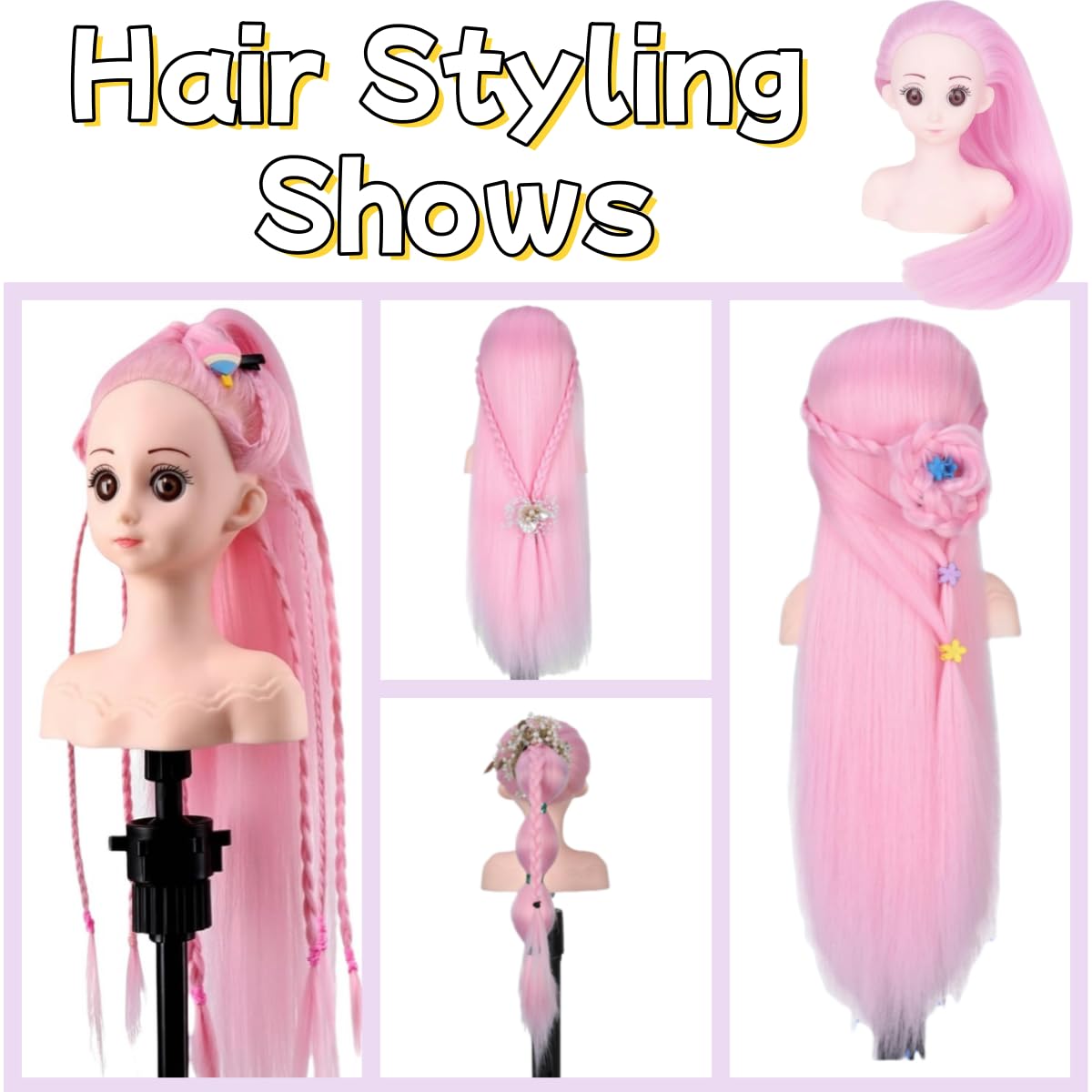 White Smoke Czrleaty Training Doll Head for Hair Styling, Cosmetology Mannequin Head with Pink Hair for Kids Practice Braiding