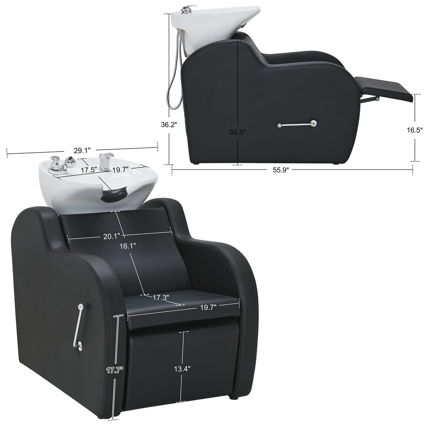 White Smoke BarberPub Backwash Shampoo Unit with Leg Rest, Adjustable Ceramic Hair Wash Bowl Sink and Chair Set for Salon, Barbershop, Home Salon 9312 (Black)
