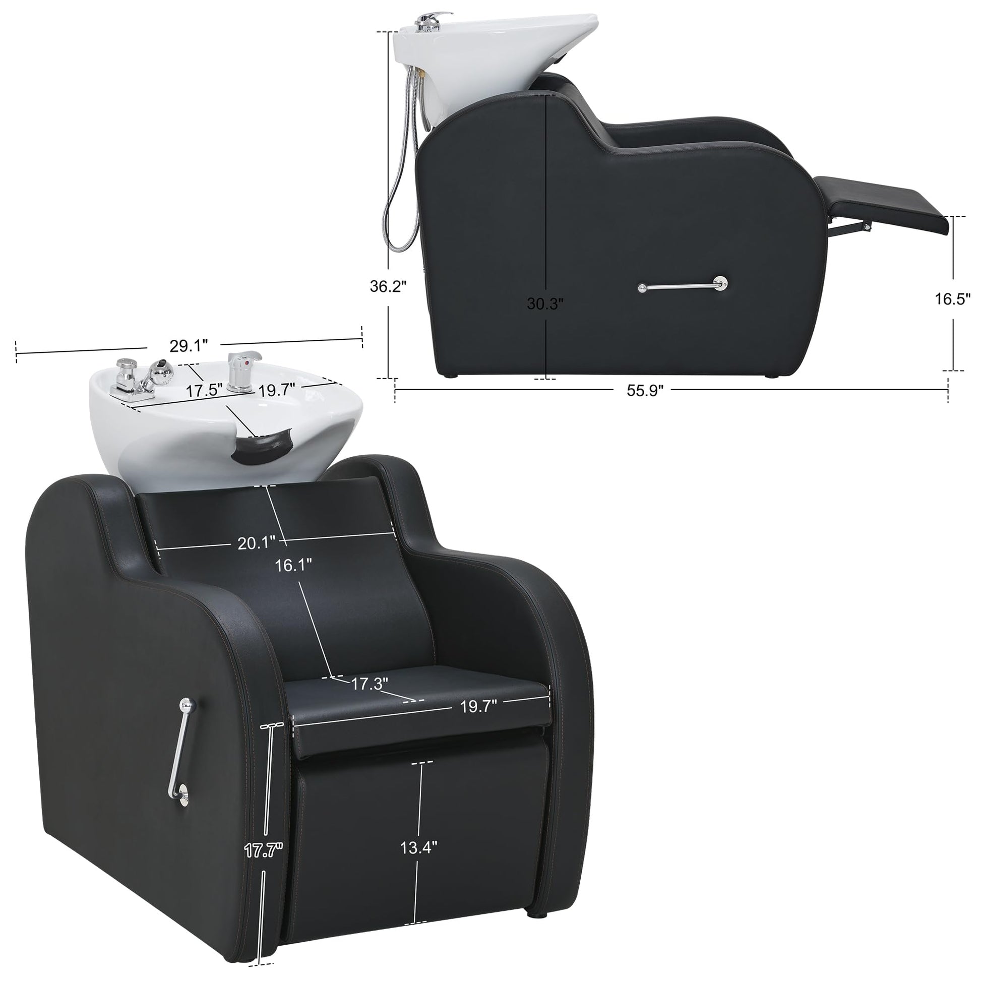 White Smoke BarberPub Backwash Shampoo Unit with Leg Rest, Adjustable Ceramic Hair Wash Bowl Sink and Chair Set for Salon, Barbershop, Home Salon 9312 (Black)