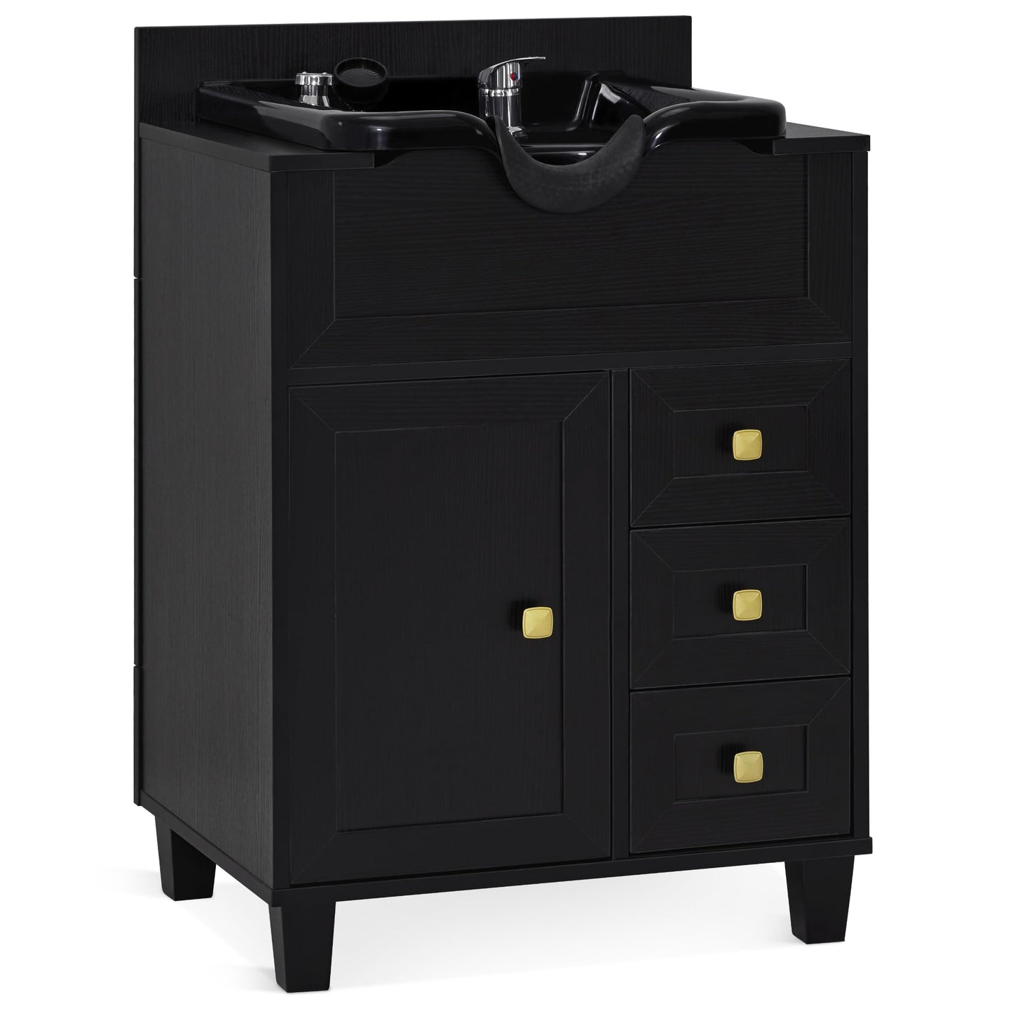 Black BarberPub Barber Storage Shampoo Station, Spa Textured Embossed Cabinet with Shampoo bowl & Drawers, Hair Salon Sink Backwash Equipment 7131 (Black)