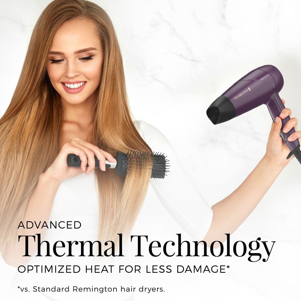 White Smoke Remington Travel Hair Dryer, Folding Handle Compact Blow Dryer with Dual Voltage, Ceramic Coating & Advanced Thermal Technology, Lightweight Portable Hair Dryer for International Travel
