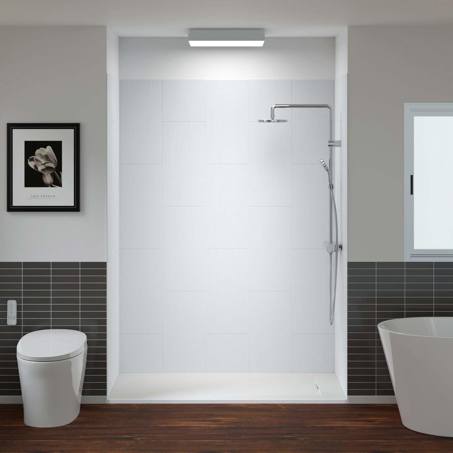 Gray WOODBRIDGE 60 in. L x 36 in. W x 75 in. H Alcove Solid Surface Shower Combo Kits with Glue Up Shower Walls in Matte White and Curbless Shower Base with Reversible Drain in White