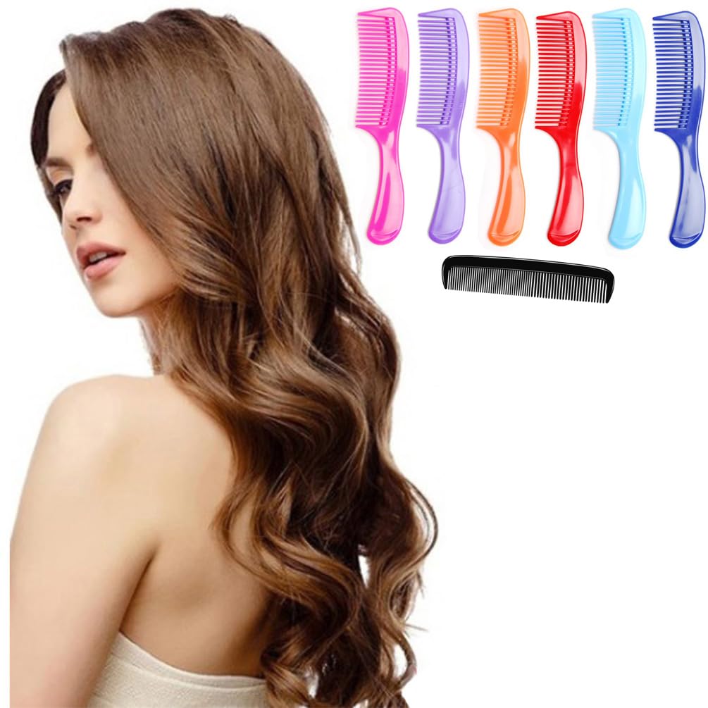 White Smoke LUXXII - (6 Pack) 8" Colorful Styling Essentials Round Handle Comb Hair Combs and (1 Pack) 5" Favorict Pocket Comb (A)