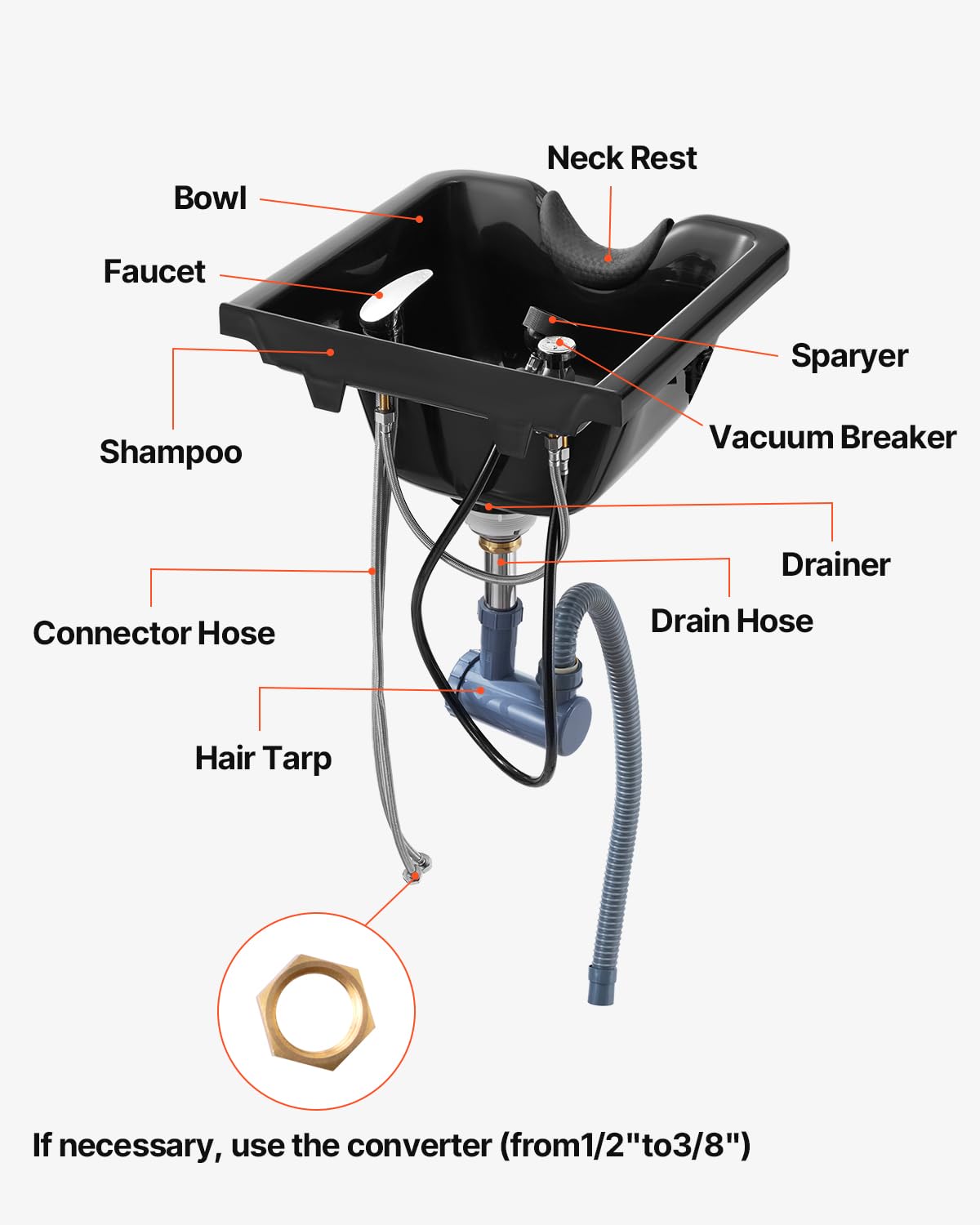 White Smoke VEVOR Shampoo Basin, Black Hairdresser Sink Shampoo Bowl Sink, ABS Plastic Salon and Spa Hair Washing Sink, Hair Backwash Basin Beauty Salon Equipment for Hair Stylists