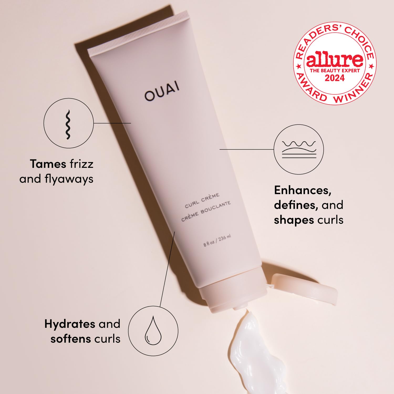 Light Gray OUAI Curl Cream - Curl Defining Cream with Chia & Linseed Oil - Enhances Definition, Hydration & Shine - Tames Frizz & Protects from Humidity - Silicone-Free Curly Hair Products for Women (8 oz)
