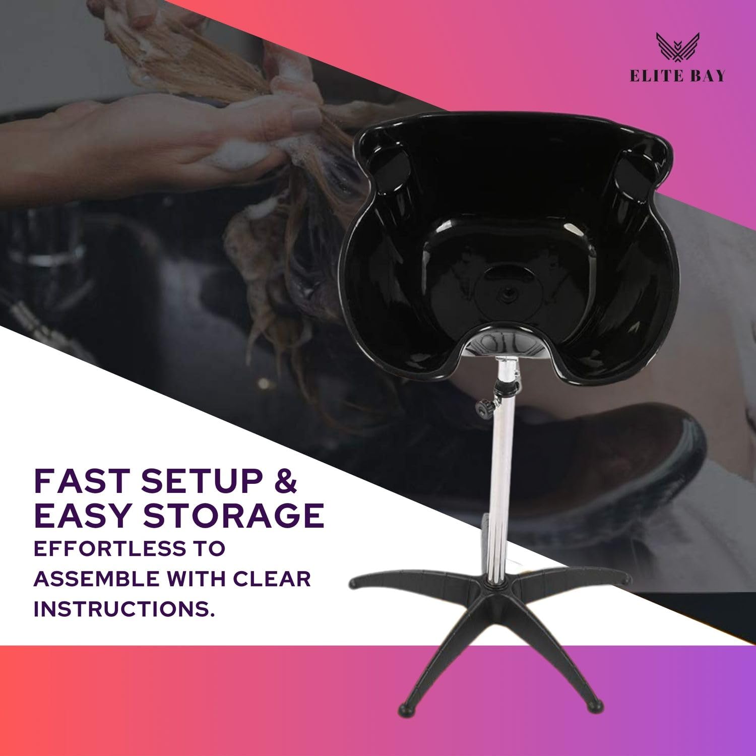 Black ELITE BAY Hairwashing Sink – Engineerd for Comfort,Salon,barber and beauty studios .Built with durability,ergonomics and modren aesthetics in mind. Adjustable (92–130cm) heavy duty stand and basin.