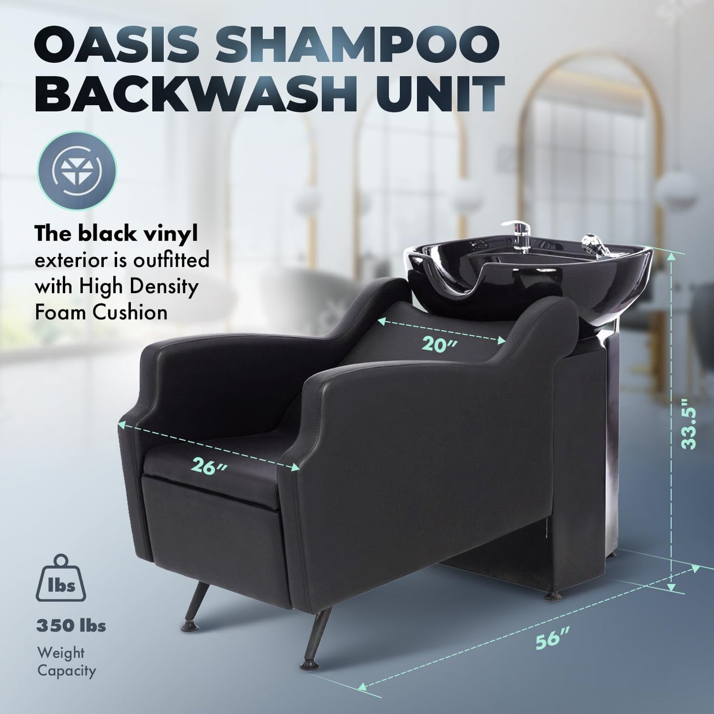 Dark Slate Gray Buy-Rite Oasis Shampoo Backwash Station for Salons - All-Black Chair & Extra-Large Bowl Combo, Single Lever Hot/Cold Faucet, Lumbar Support, Vacuum Breaker, 56"x20"x33.5", TS-8076-BLK