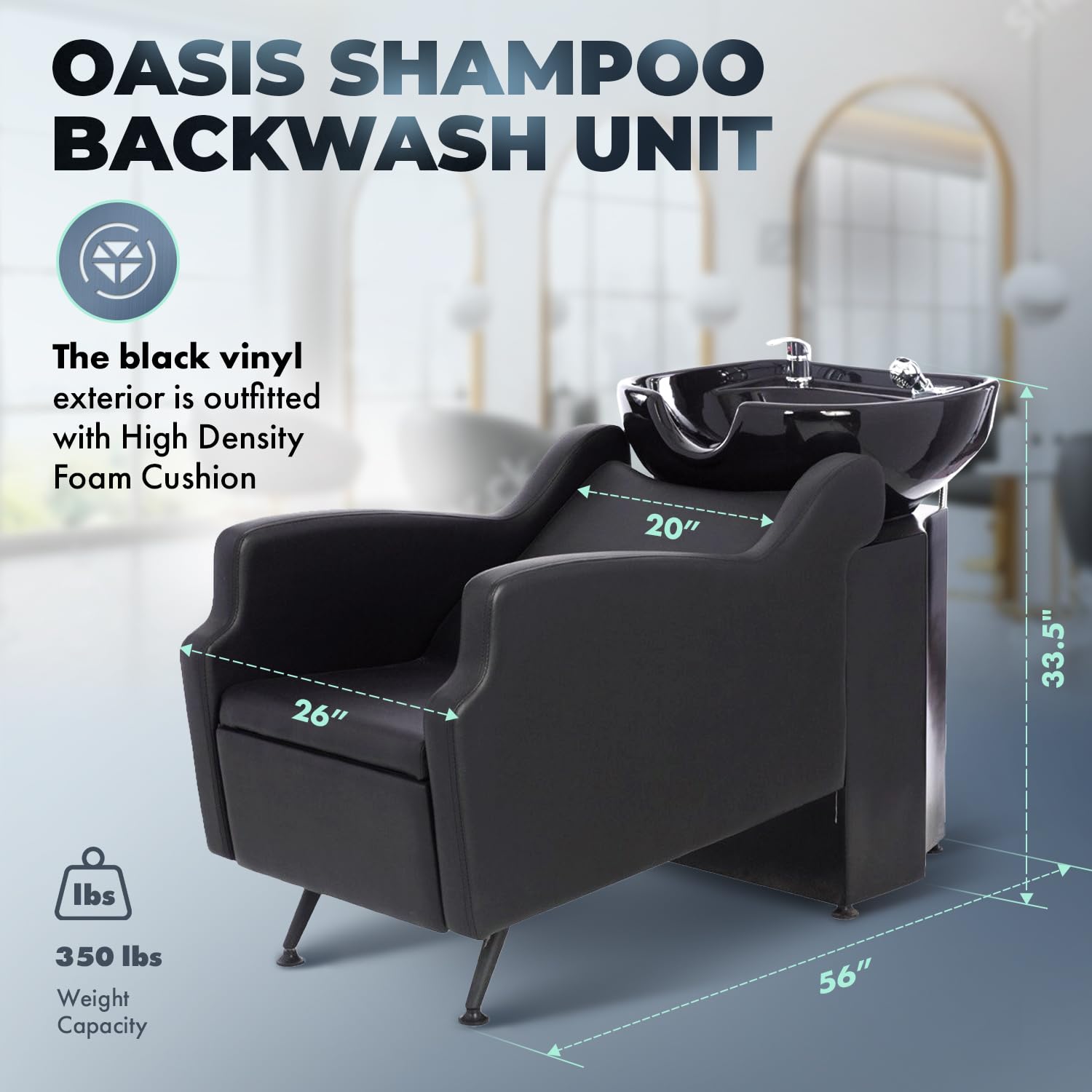 Dark Slate Gray Buy-Rite Oasis Shampoo Backwash Station for Salons - All-Black Chair & Extra-Large Bowl Combo, Single Lever Hot/Cold Faucet, Lumbar Support, Vacuum Breaker, 56"x20"x33.5", TS-8076-BLK