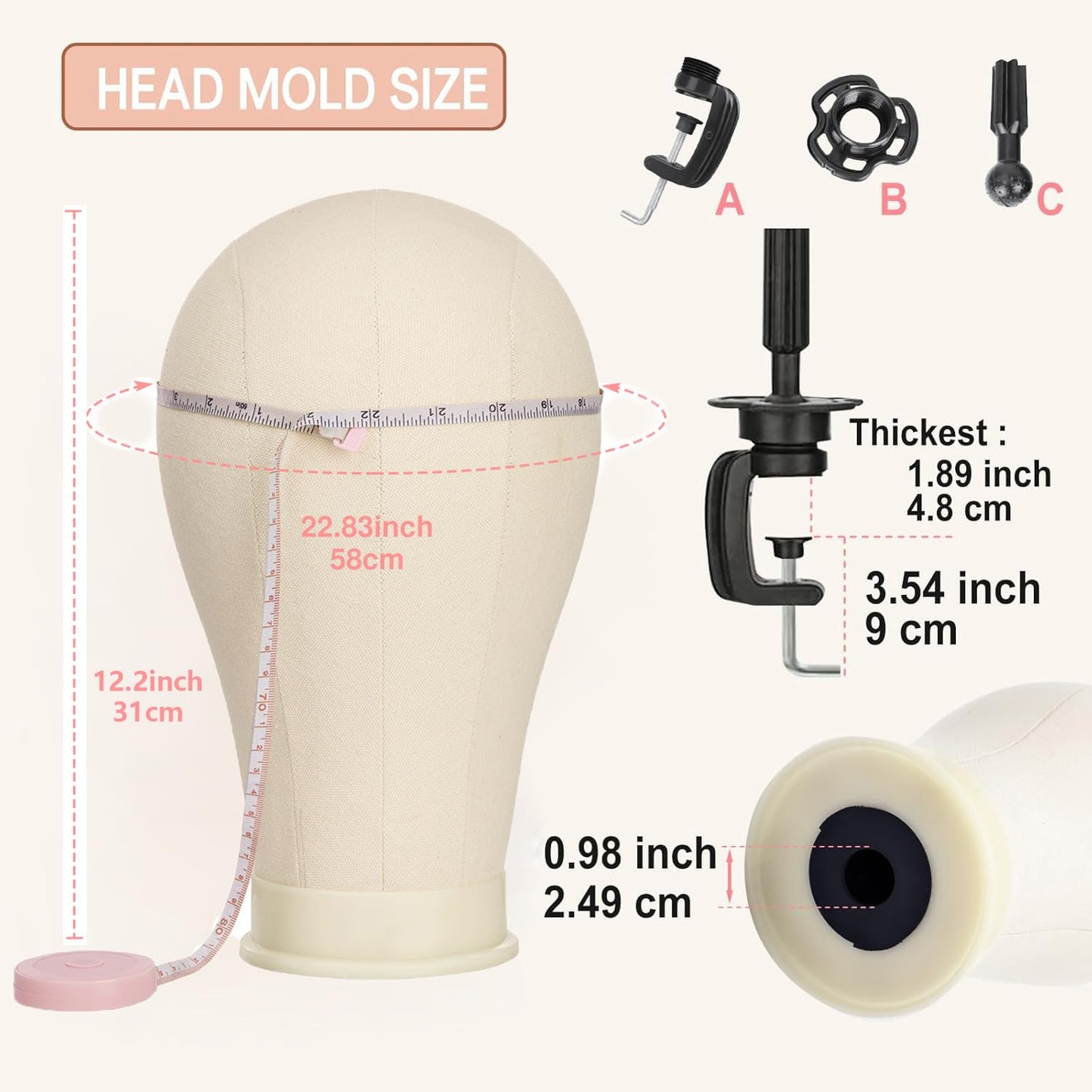 Seashell SZCY LLC 23 Inch Canvas Block Wig Head, 47 Inch Wig Stand Tripod with Head, Mannequin Head for Wigs Display with Wig Caps, T C Pins Brush
