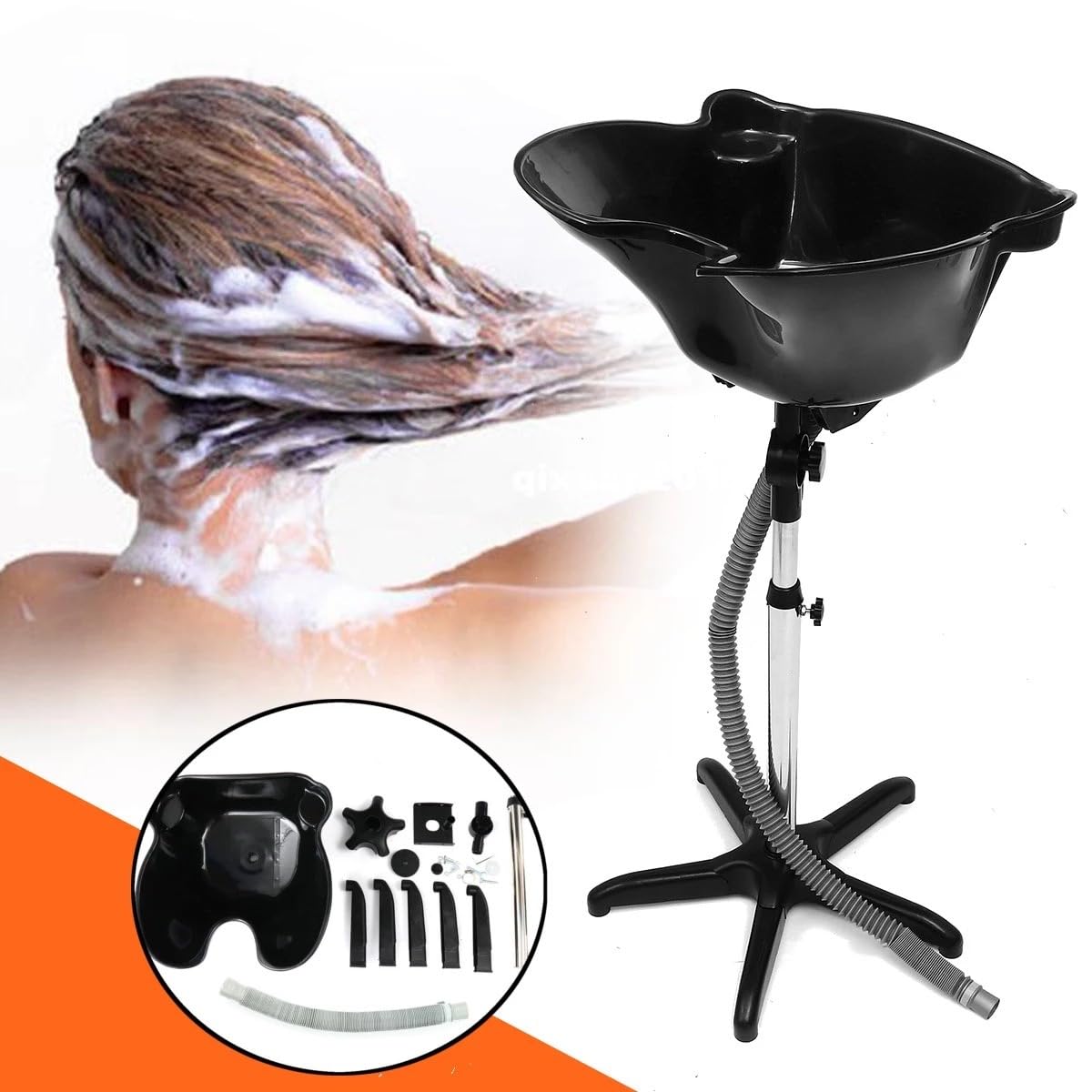 White Smoke Adjustable Hair Dressing Sink – Portable Shampoo Bowl with Stainless Steel Stand | Black Basin | Height Adjustable 92–130cm | Lightweight Plastic + Metal Wash Station for Salons & Mobile Stylists