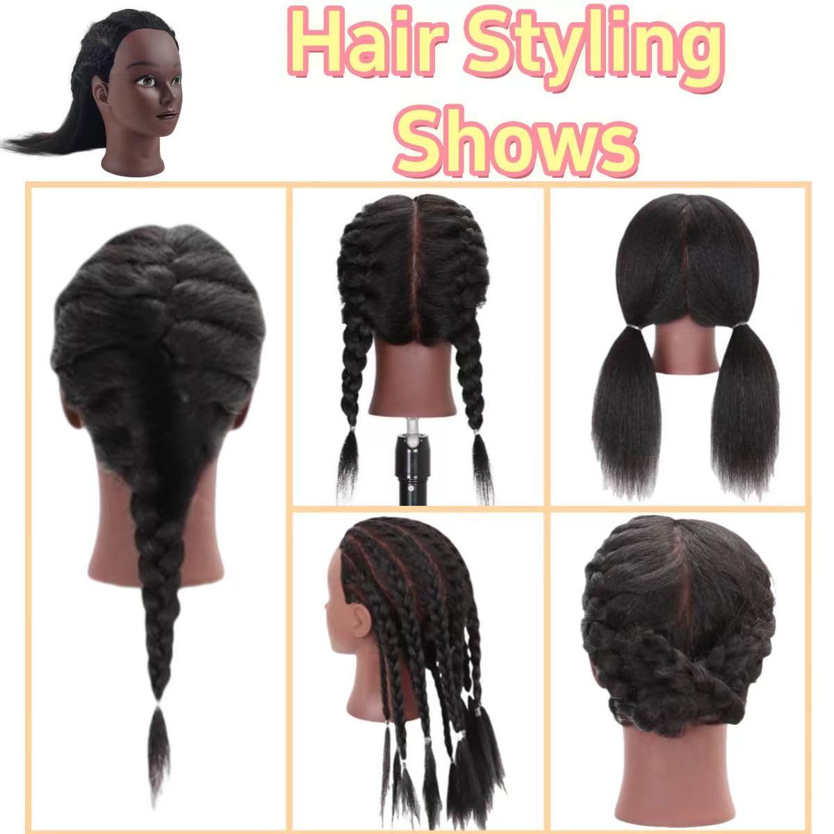 White Smoke Czrleaty African Mannequin Head for Braiding - Manicans Full Head Real Hair, 16 inch Cosmetology Manikin Doll Head for Kids Hair Styling Practice