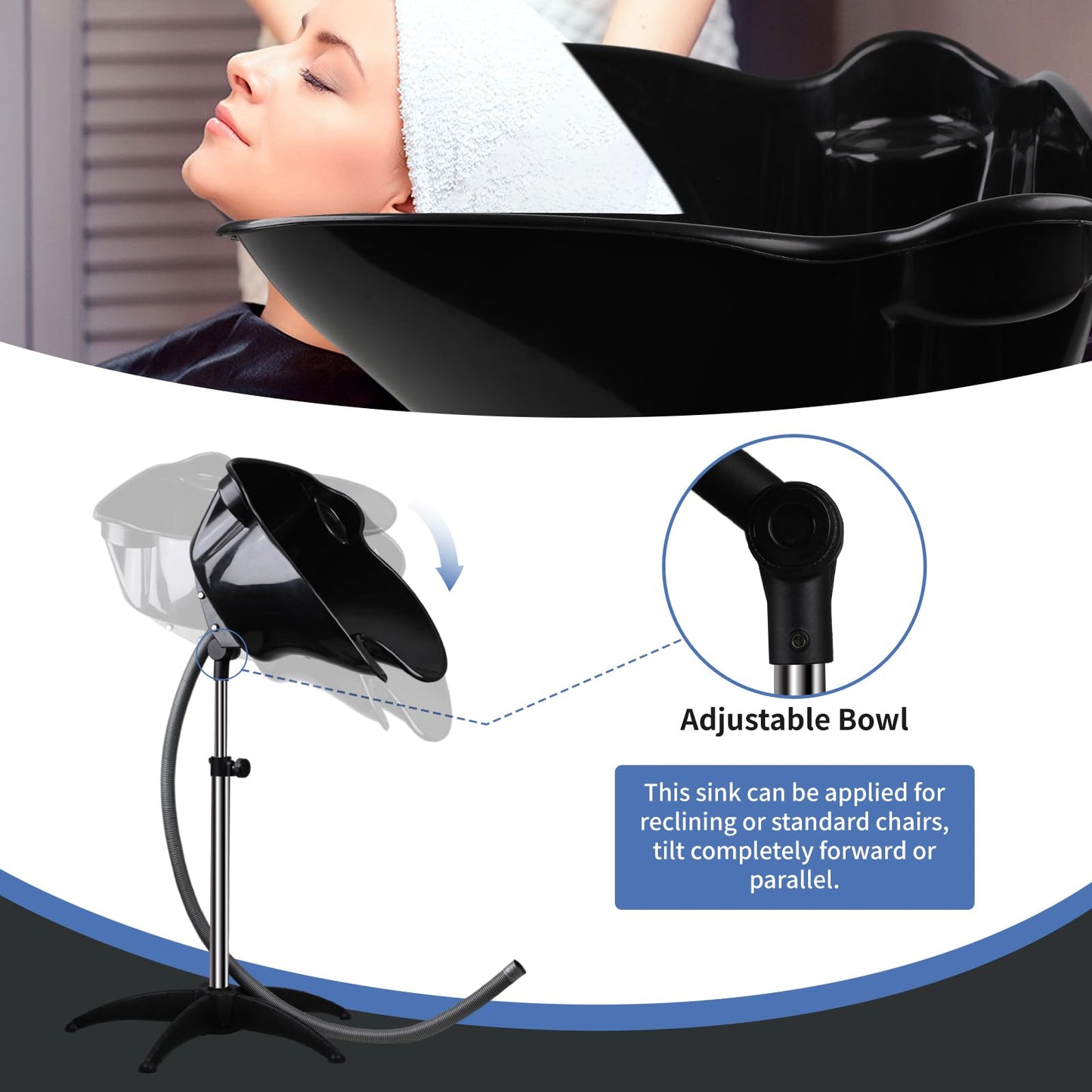 White Smoke Portable Shampoo Bowl, Height & Angle Adjustable Hair Washing Sink with Drain Hose, Standing Salon Deep Shampoo Basin for Hairstylist and Home Services