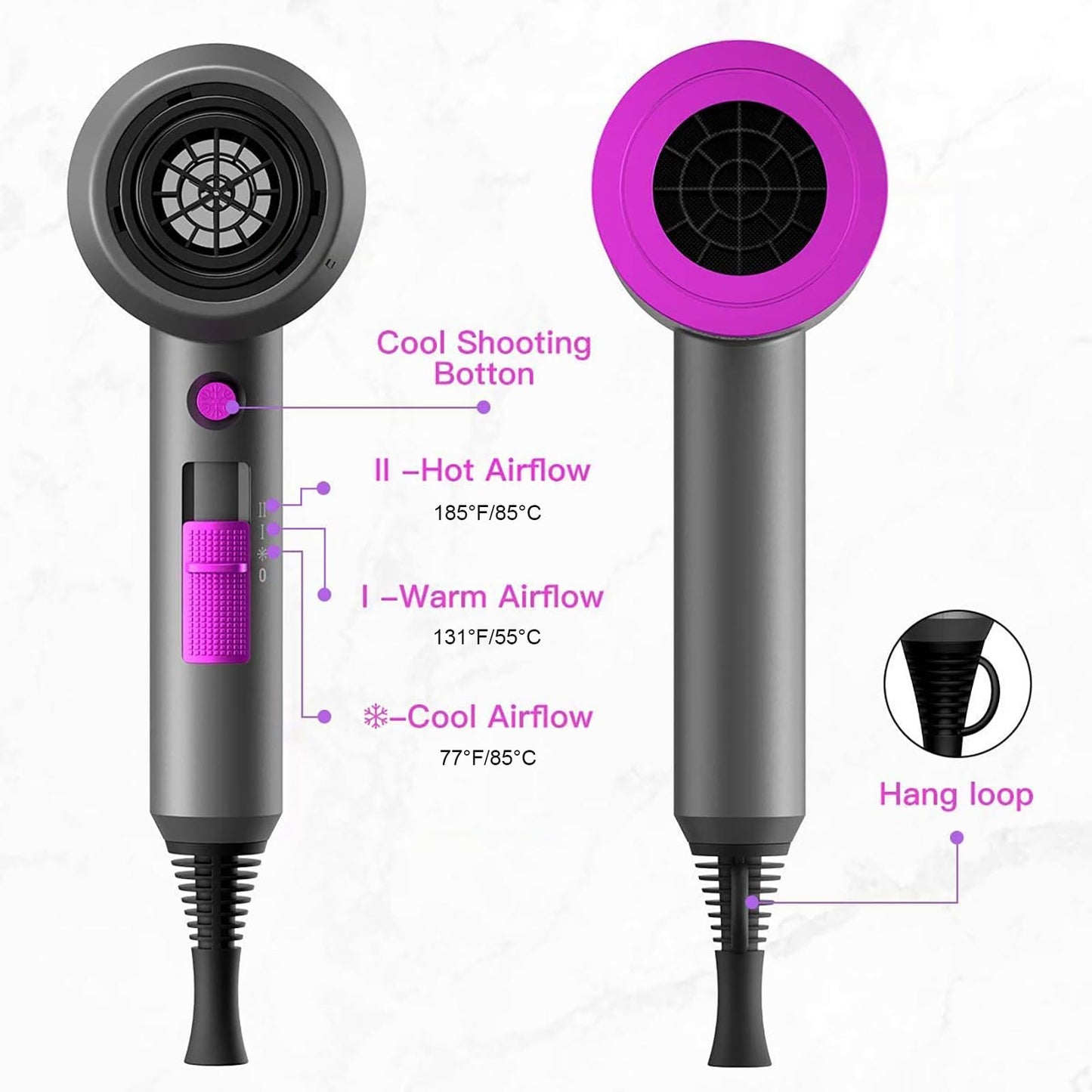 White Smoke slopehill Professional Ionic Hair Dryer, Powerful 1800W Fast Drying Low Noise Blow Dryer with 2 Concentrator Nozzle 1 Diffuser Attachments for Home Salon Travel